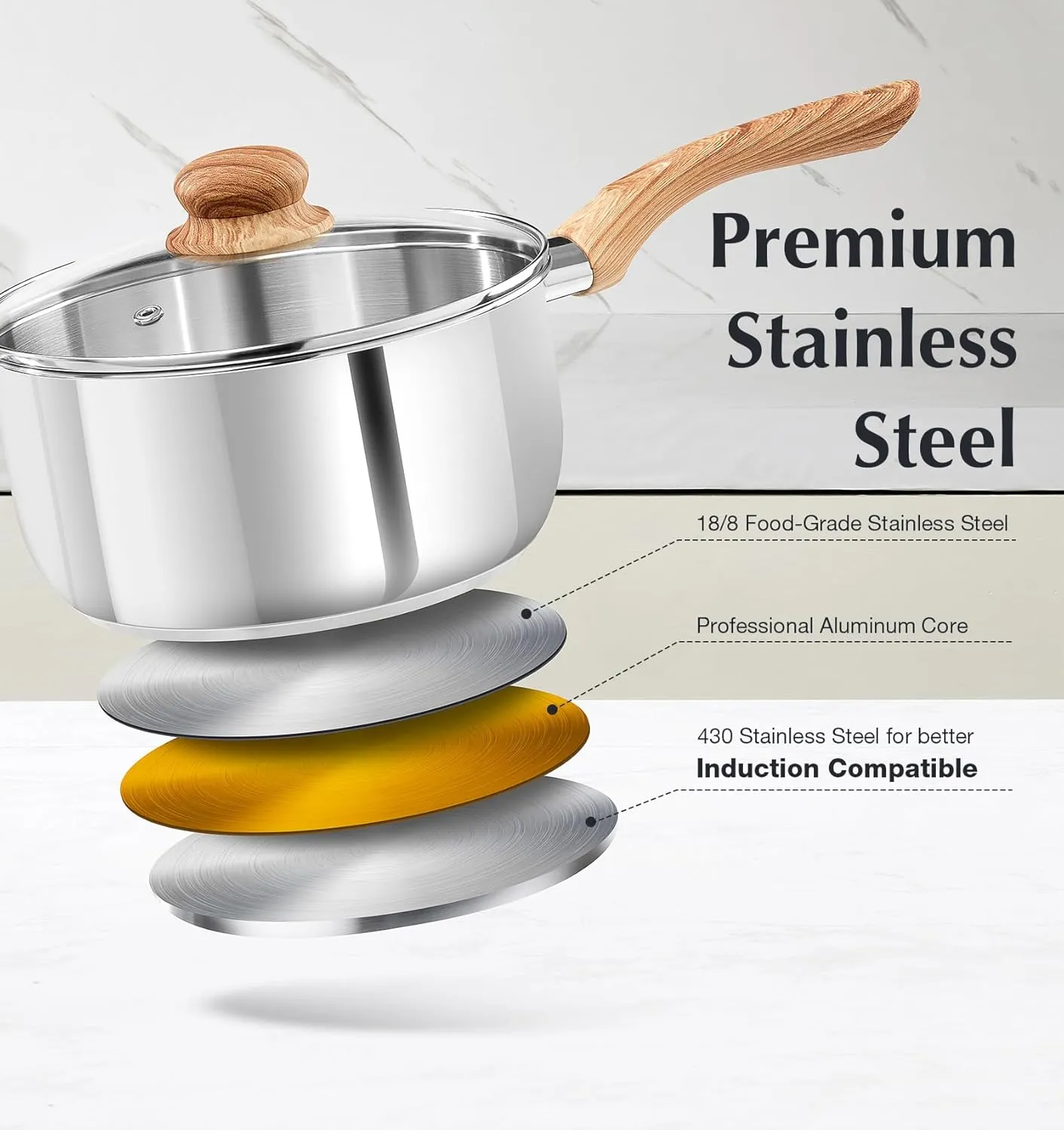 KOCH SYSTEME CS Stainless Steel Saucepan Set, Sauce Pan Set 1.5QT & 2QT & 3QT with Heat-resistant Bakelite Handle, Cool-Touch Stainless Steel Pot Set 6 Piece, Sauce Pans Induction Ready