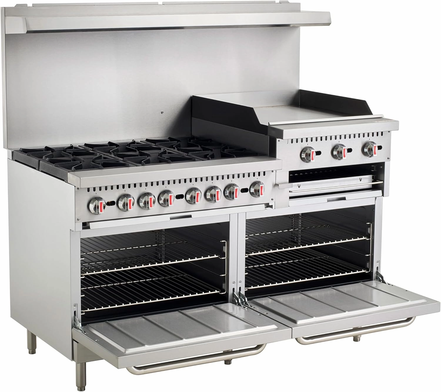 Kratos Commercial Gas Range, 60" Wide with 24" Griddle/Broiler, 6 Burners, and 2 Standard Ovens, Liquid Propane (29Y-172-LP)