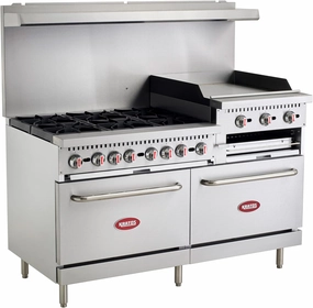 Kratos Commercial Gas Range, 60" Wide with 24" Griddle/Broiler, 6 Burners, and 2 Standard Ovens, Liquid Propane (29Y-172-LP)