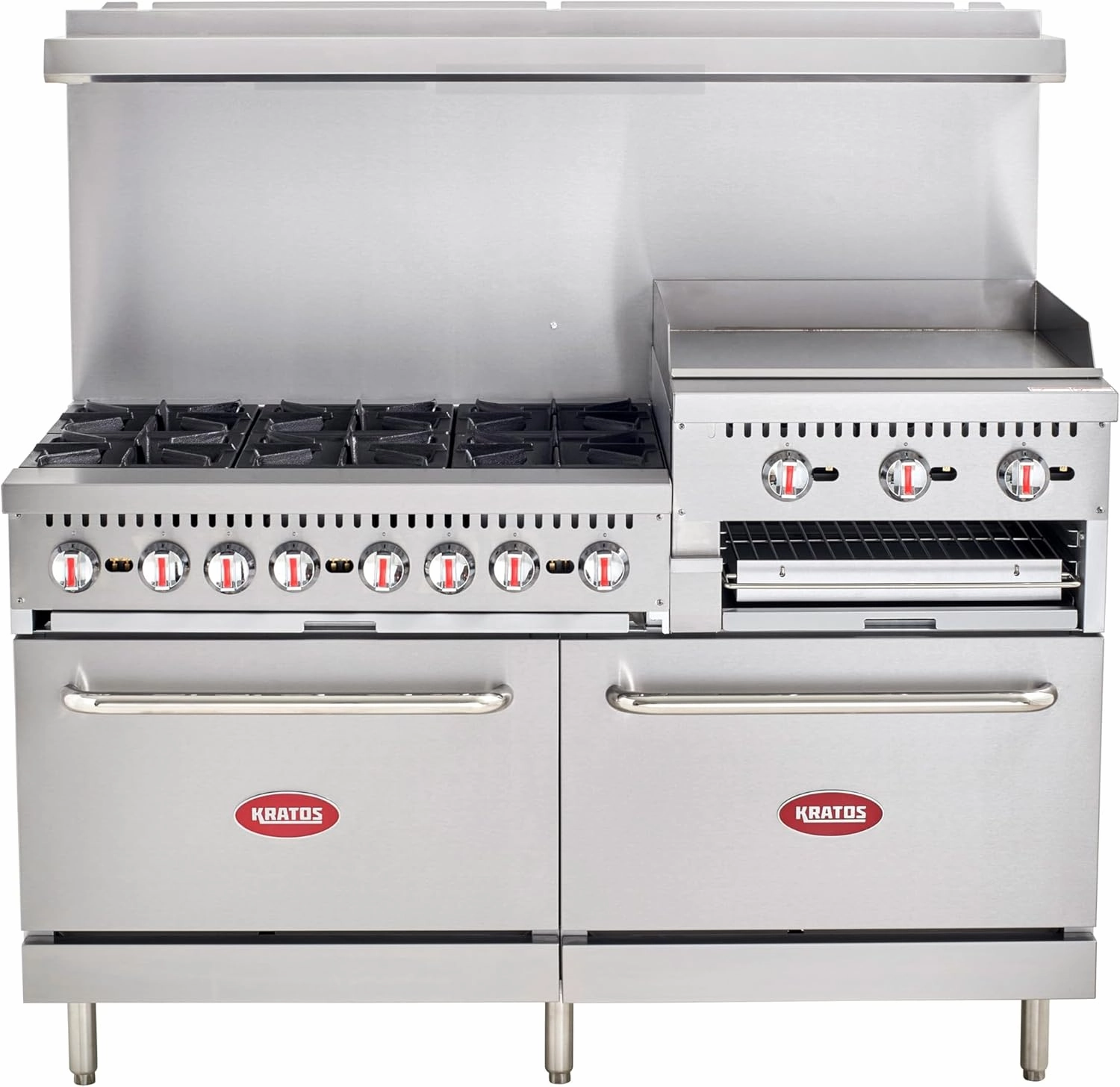 Kratos Commercial Gas Range, 60" Wide with 24" Griddle/Broiler, 6 Burners, and 2 Standard Ovens, Liquid Propane (29Y-172-LP)