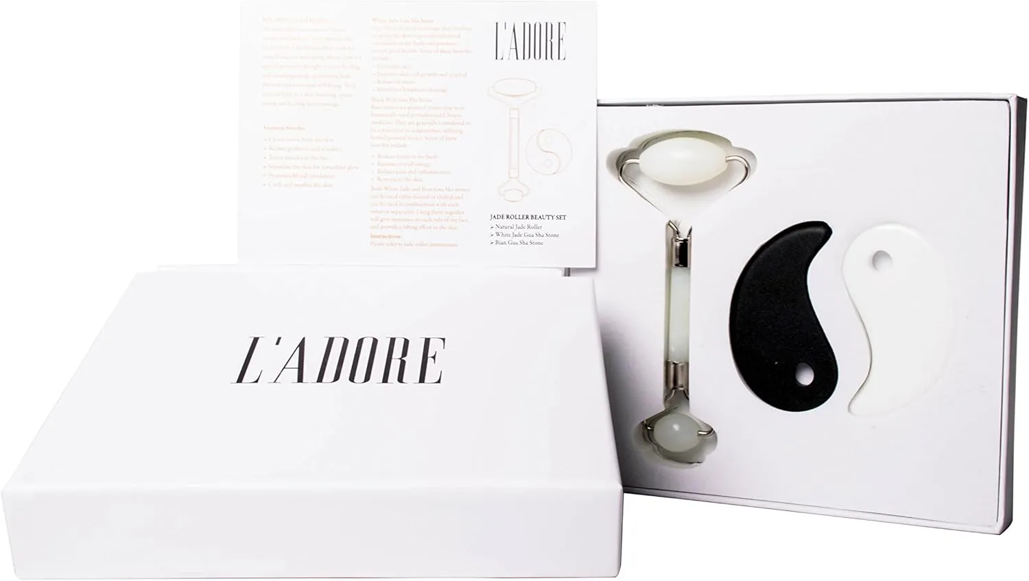 L'ADORE Premium Anti Aging Jade Roller 100% Natural Face Roller Set with Gua Sha Massage Tools