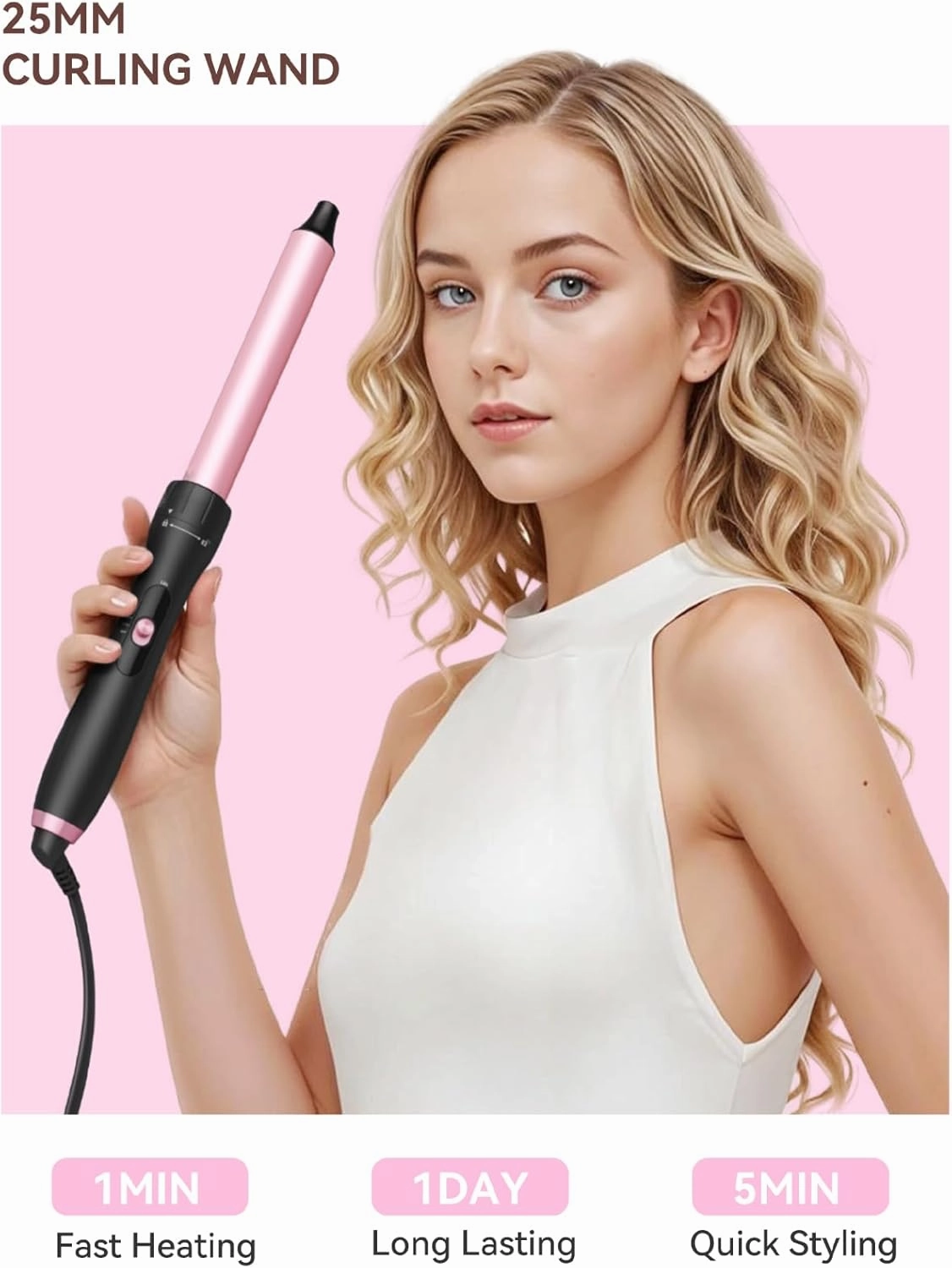 LANDOT 5-in-1 Curling Iron Wand Set: Hair Curler Set with Curling Thermal Brush 1-1/2 inch and 4 Interchangeable Ceramic Curling Wand (0.35”-1.25”) - Instant Heat Up Long Lasting Curls