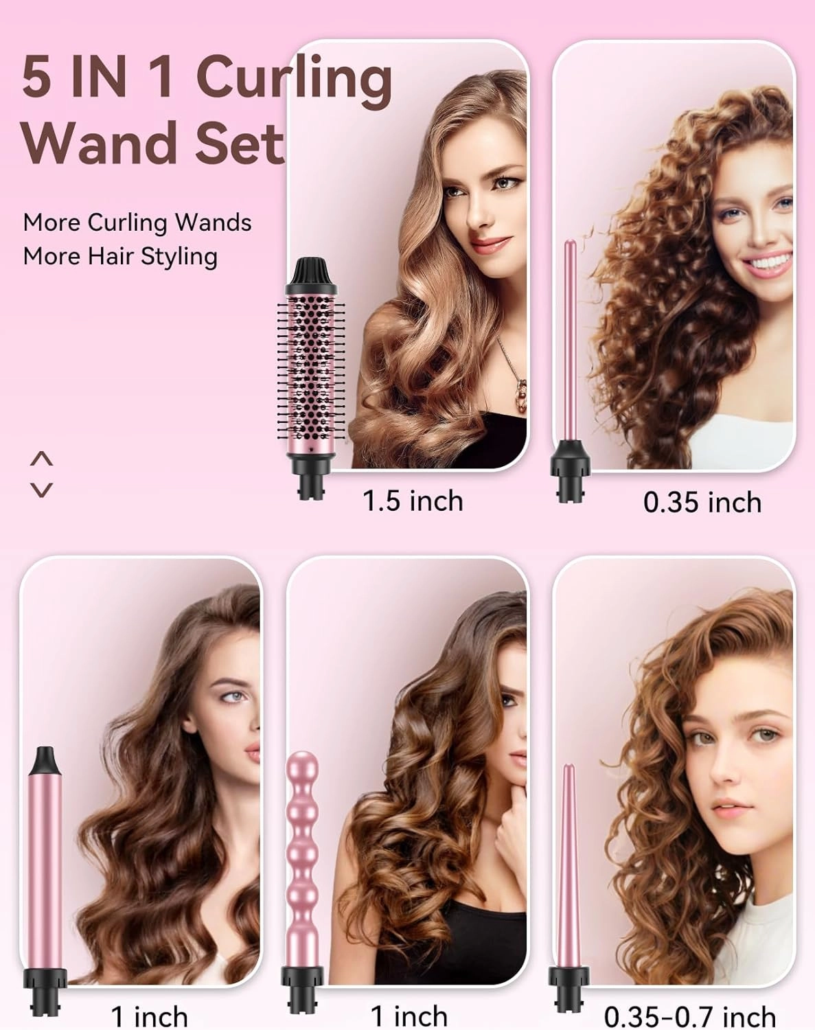 LANDOT 5-in-1 Curling Iron Wand Set: Hair Curler Set with Curling Thermal Brush 1-1/2 inch and 4 Interchangeable Ceramic Curling Wand (0.35”-1.25”) - Instant Heat Up Long Lasting Curls