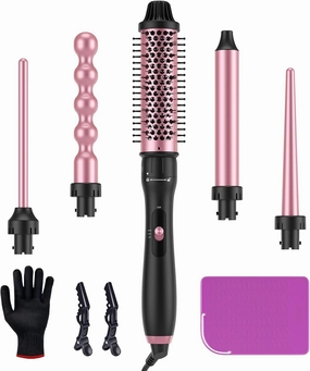 LANDOT 5-in-1 Curling Iron Wand Set: Hair Curler Set with Curling Thermal Brush 1-1/2 inch and 4 Interchangeable Ceramic Curling Wand (0.35”-1.25”) - Instant Heat Up Long Lasting Curls