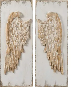 Large Angel Wings 2 Piece Set Distressed Antique Finish Realistic Wood Texture Hanging Wall Art Bas Relief Sculpture Easy Installation Life Sized 16" x 42"