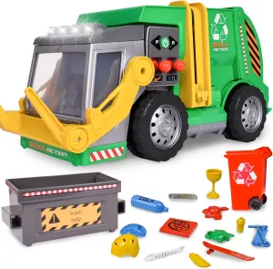 Large Motorized 19" Maxx Action Garbage Truck Toy Set with Lights and Sound Includes Dumpster, Trash Bin and Miniature Trash Pieces for Kids