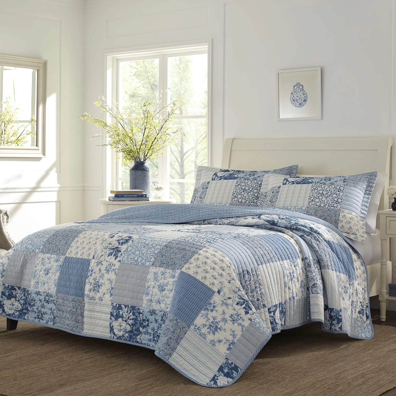 Laura Ashley - King Quilt Set, Reversible Cotton Bedding with Matching Shams, Farmhouse Inspired Home Decor (Paisley Printed Patchwork Blue, King)