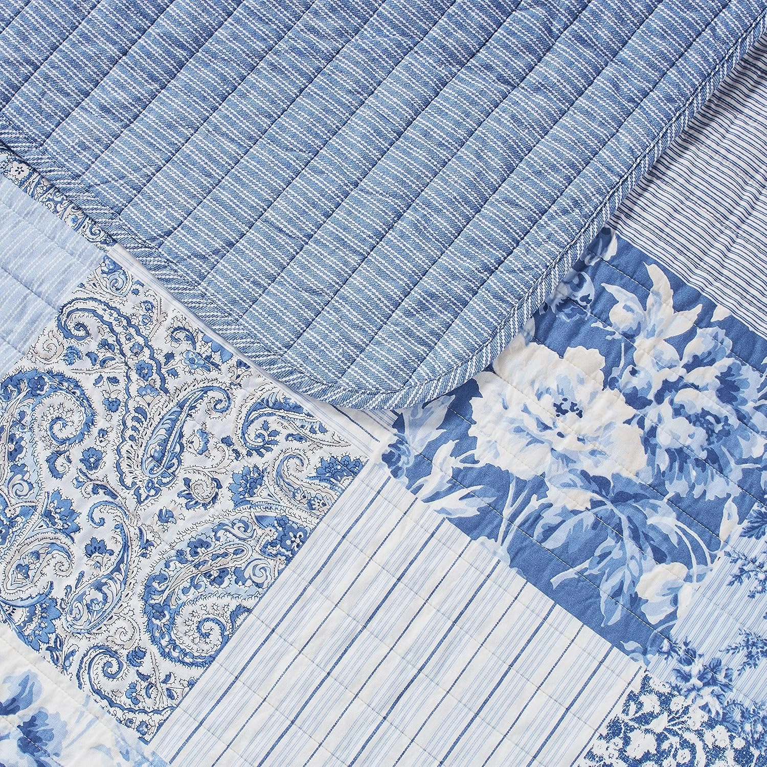 Laura Ashley - King Quilt Set, Reversible Cotton Bedding with Matching Shams, Farmhouse Inspired Home Decor (Paisley Printed Patchwork Blue, King)