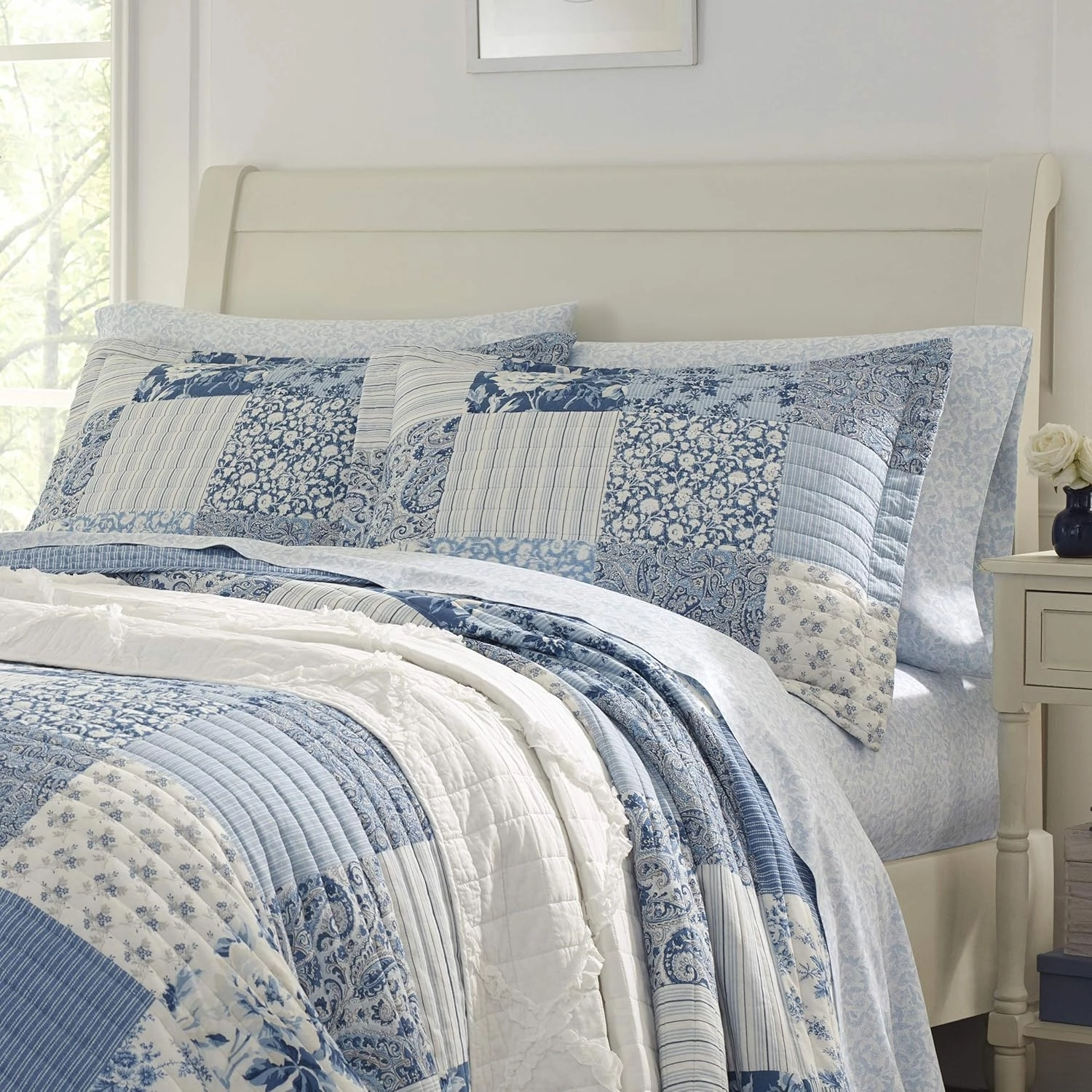 Laura Ashley - King Quilt Set, Reversible Cotton Bedding with Matching Shams, Farmhouse Inspired Home Decor (Paisley Printed Patchwork Blue, King)
