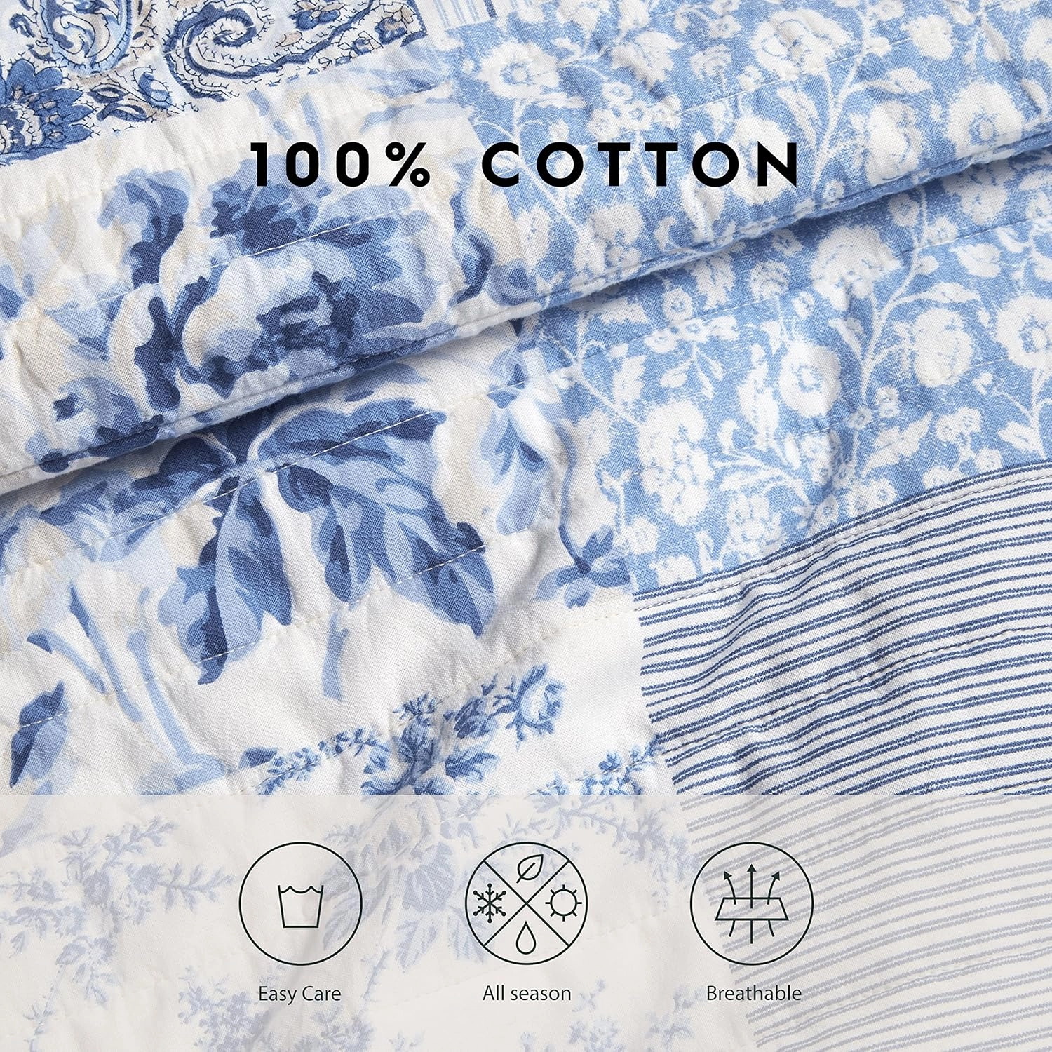 Laura Ashley - King Quilt Set, Reversible Cotton Bedding with Matching Shams, Farmhouse Inspired Home Decor (Paisley Printed Patchwork Blue, King)