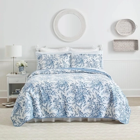 Laura Ashley - King Quilt Set, Reversible Cotton Bedding with Matching Shams, Home Decor for All Seasons (Bedford Delft Blue, King)