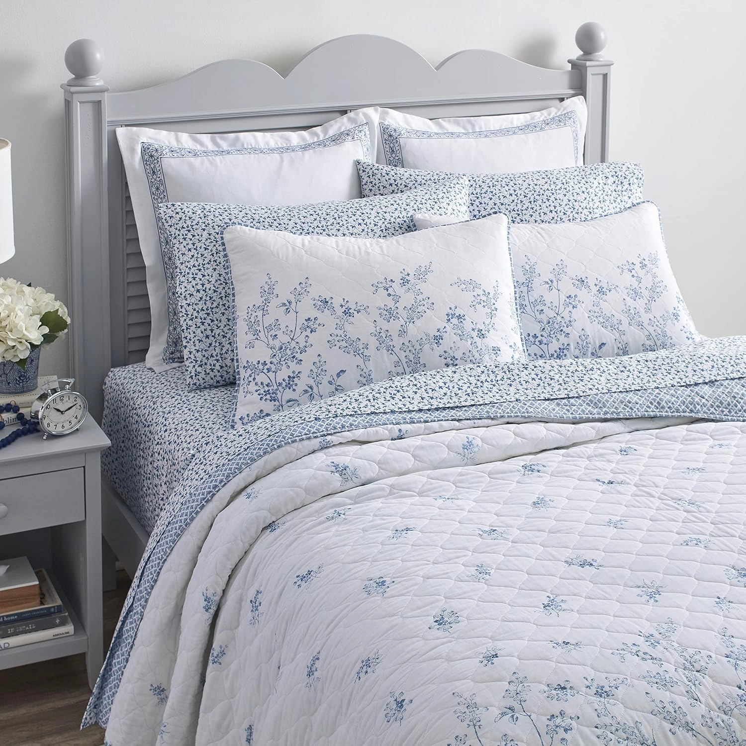 Laura Ashley Home - Queen Quilt Set, Reversible Cotton Bedding with Matching Shams, Pre-Washed Home Decor for Added Softness (Flora Blue, Queen)