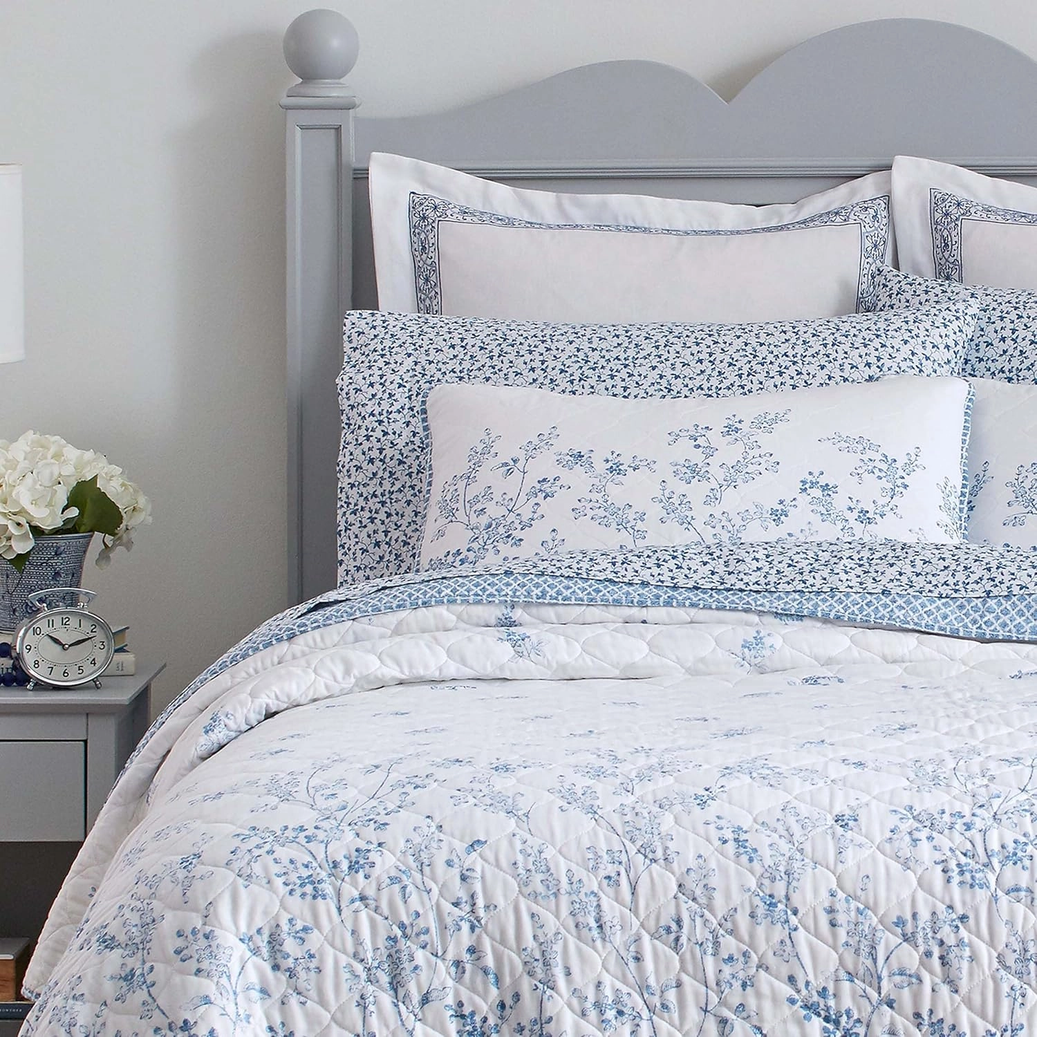 Laura Ashley Home - Queen Quilt Set, Reversible Cotton Bedding with Matching Shams, Pre-Washed Home Decor for Added Softness (Flora Blue, Queen)