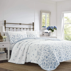 Laura Ashley Home - Queen Quilt Set, Reversible Cotton Bedding with Matching Shams, Pre-Washed Home Decor for Added Softness (Flora Blue, Queen)