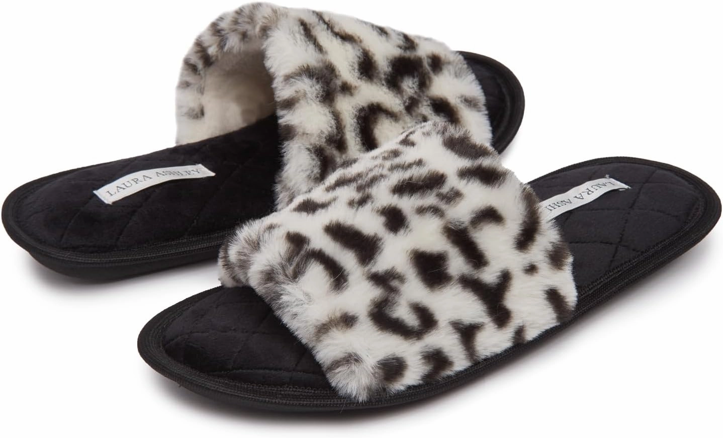 Laura Ashley Open Toe Fluffy Band Slippers for Women with Non-Skid Rugged Sole, Plush Terry Slippers for Ladies