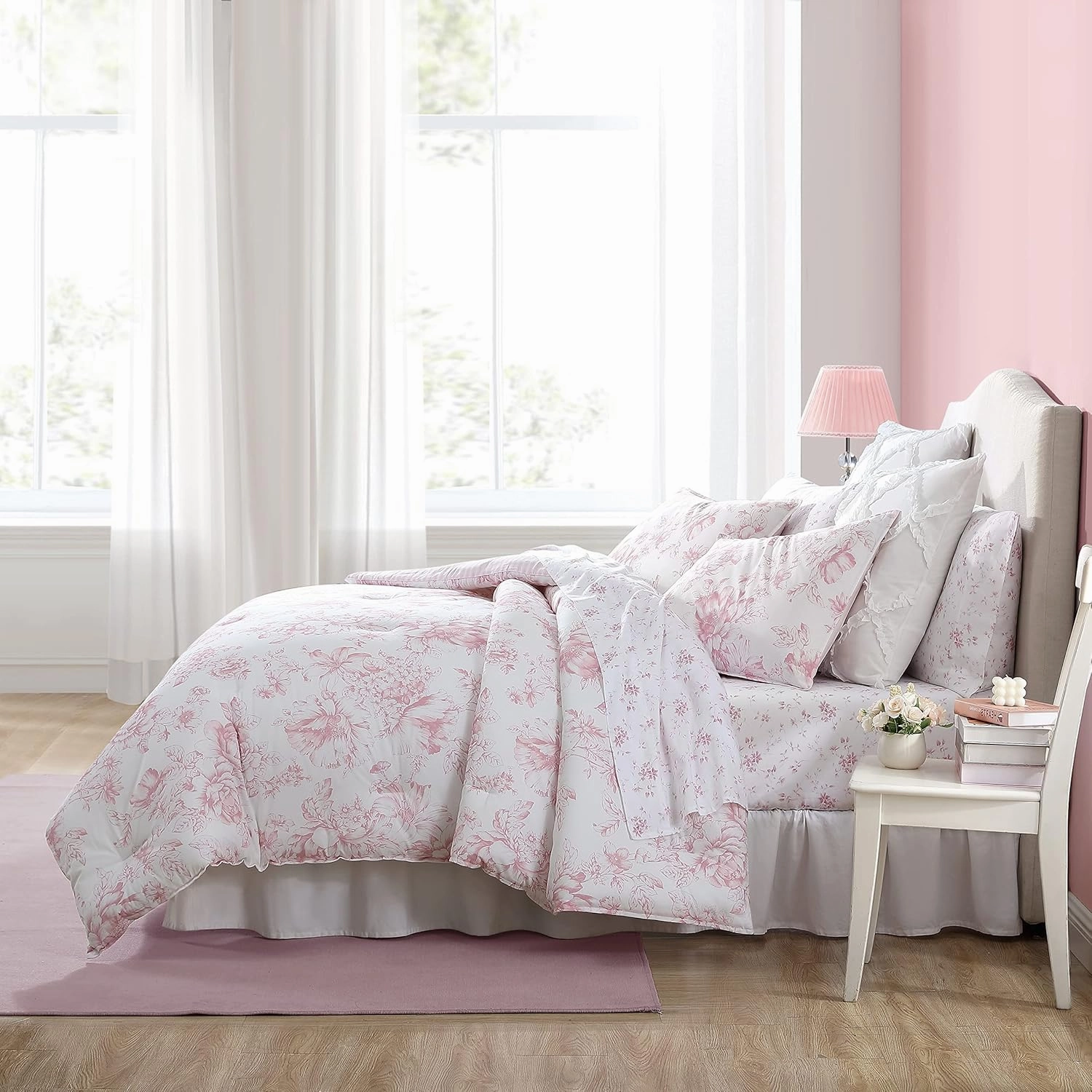 Laura Ashley- Twin XL Comforter Set, Reversible Cotton Bedding with Matching Sham(s), Ideal Dorm Essentials (Delphine Mauve Pink, Twin XL)