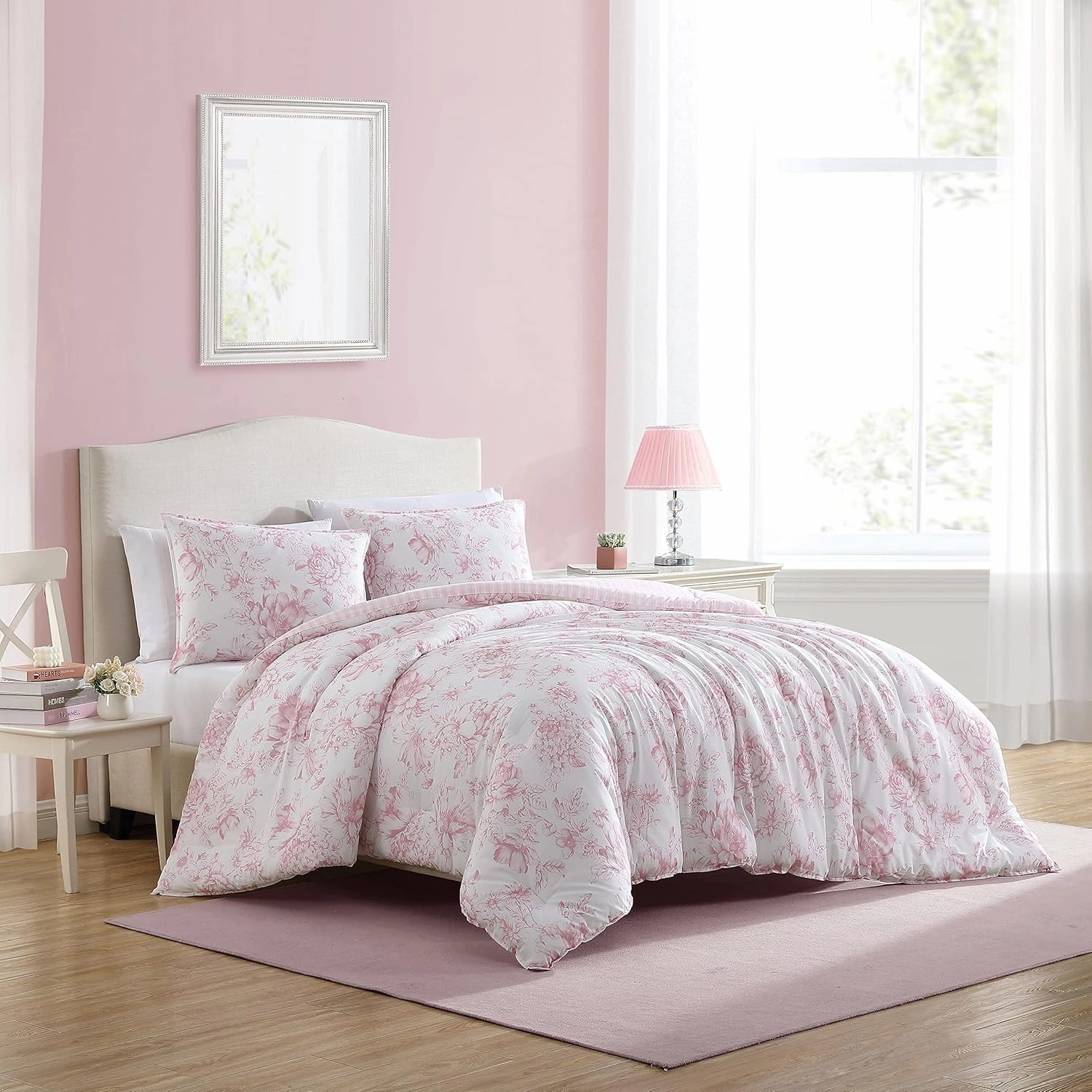 Laura Ashley- Twin XL Comforter Set, Reversible Cotton Bedding with Matching Sham(s), Ideal Dorm Essentials (Delphine Mauve Pink, Twin XL)