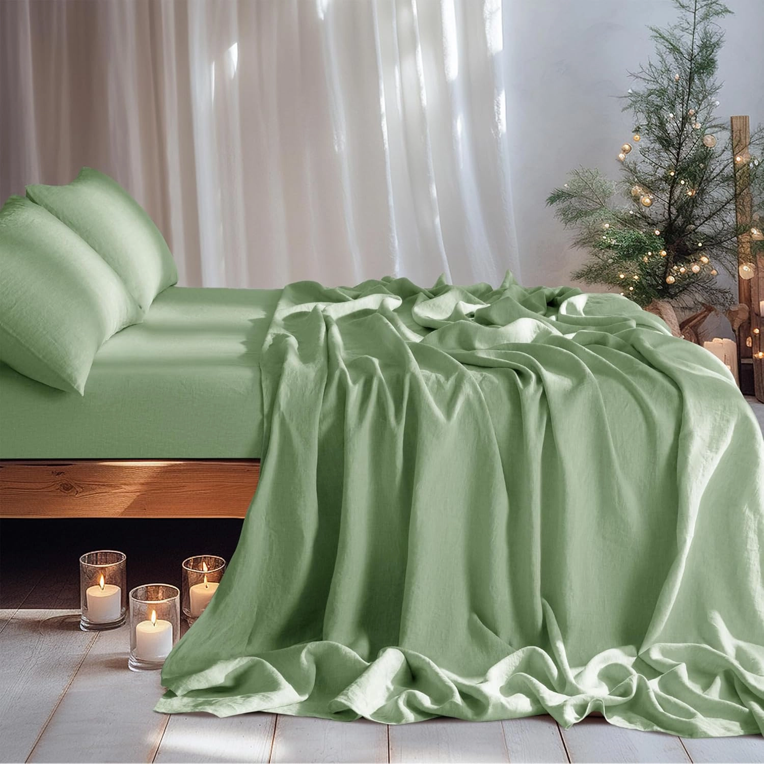 LBR02M 100% Linen Sheet Set Queen Size,Bed Sheets 4 Piece Sets,Solid Color Natural Flax Bed Sheets Soft Breathable Bedding,16" Deep Pocket,All Season (Queen, Green)