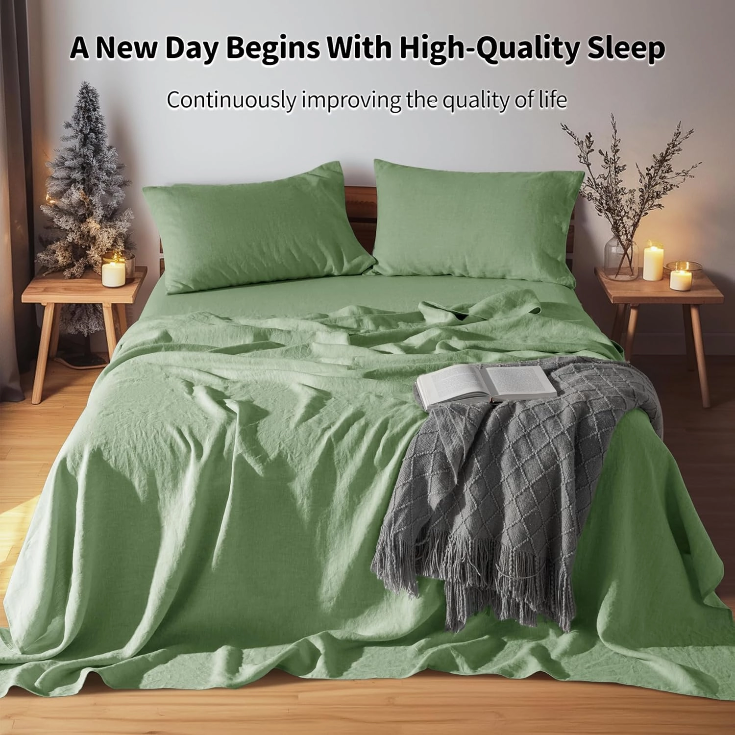 LBR02M 100% Linen Sheet Set Queen Size,Bed Sheets 4 Piece Sets,Solid Color Natural Flax Bed Sheets Soft Breathable Bedding,16" Deep Pocket,All Season (Queen, Green)