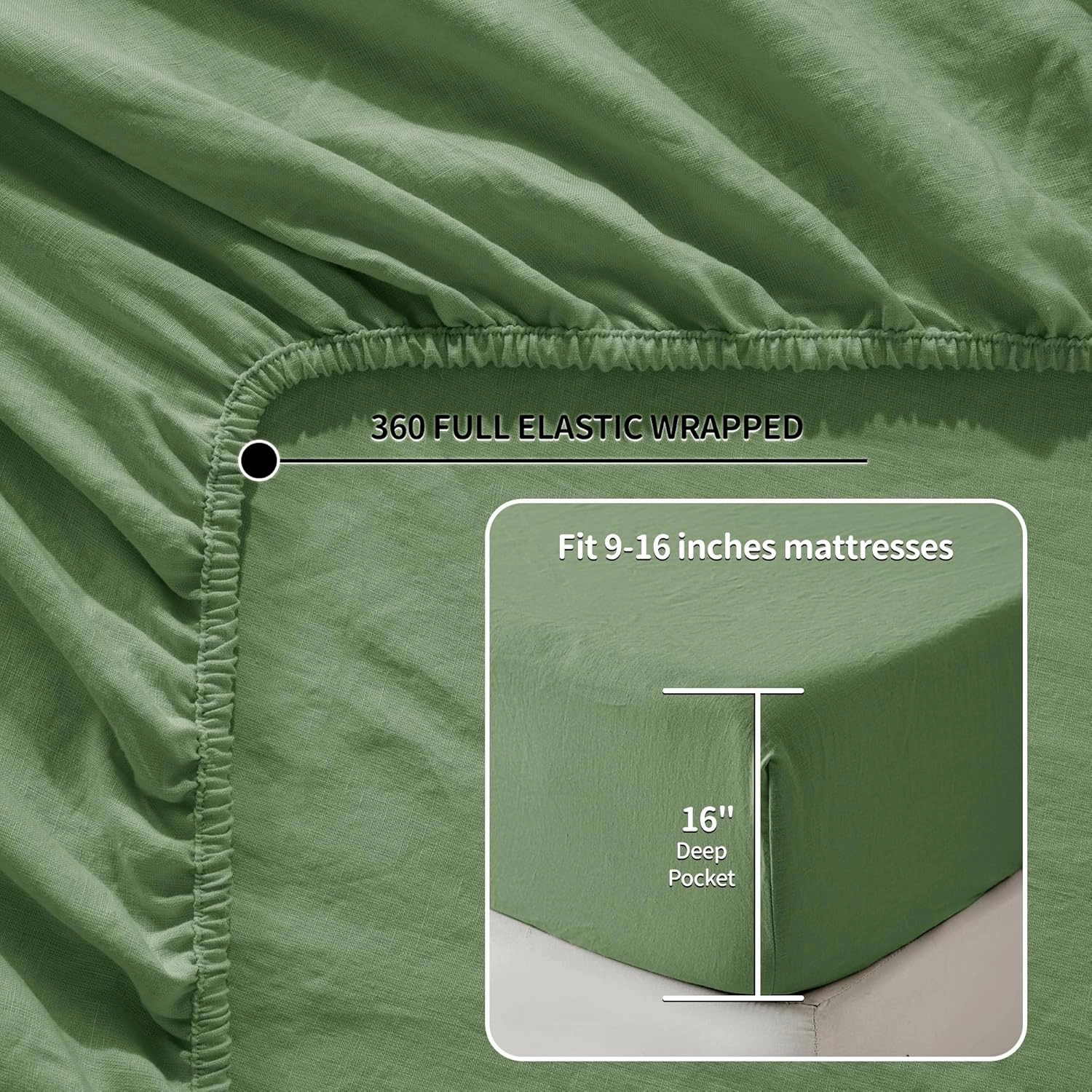 LBR02M 100% Linen Sheet Set Queen Size,Bed Sheets 4 Piece Sets,Solid Color Natural Flax Bed Sheets Soft Breathable Bedding,16" Deep Pocket,All Season (Queen, Green)