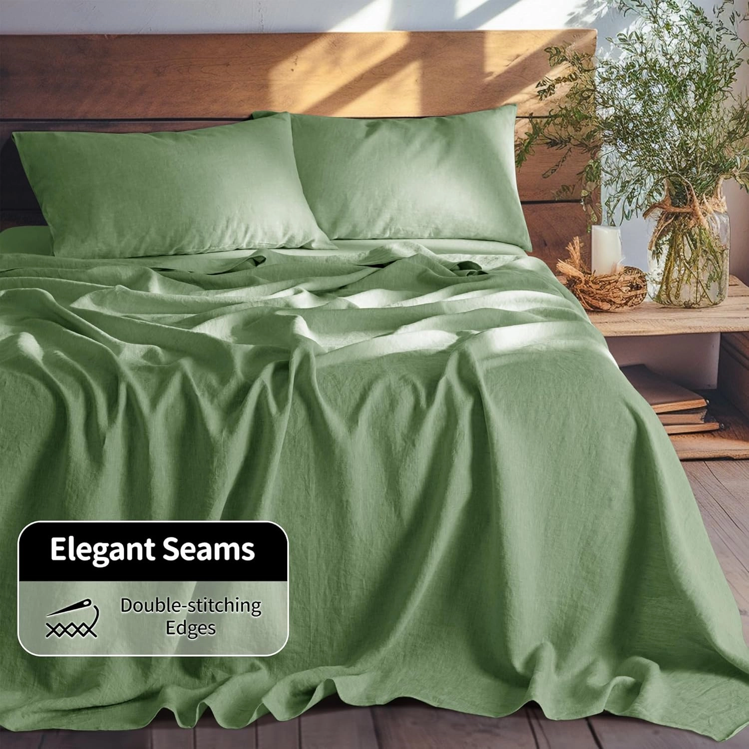 LBR02M 100% Linen Sheet Set Queen Size,Bed Sheets 4 Piece Sets,Solid Color Natural Flax Bed Sheets Soft Breathable Bedding,16" Deep Pocket,All Season (Queen, Green)