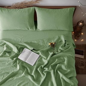 LBR02M 100% Linen Sheet Set Queen Size,Bed Sheets 4 Piece Sets,Solid Color Natural Flax Bed Sheets Soft Breathable Bedding,16" Deep Pocket,All Season (Queen, Green)