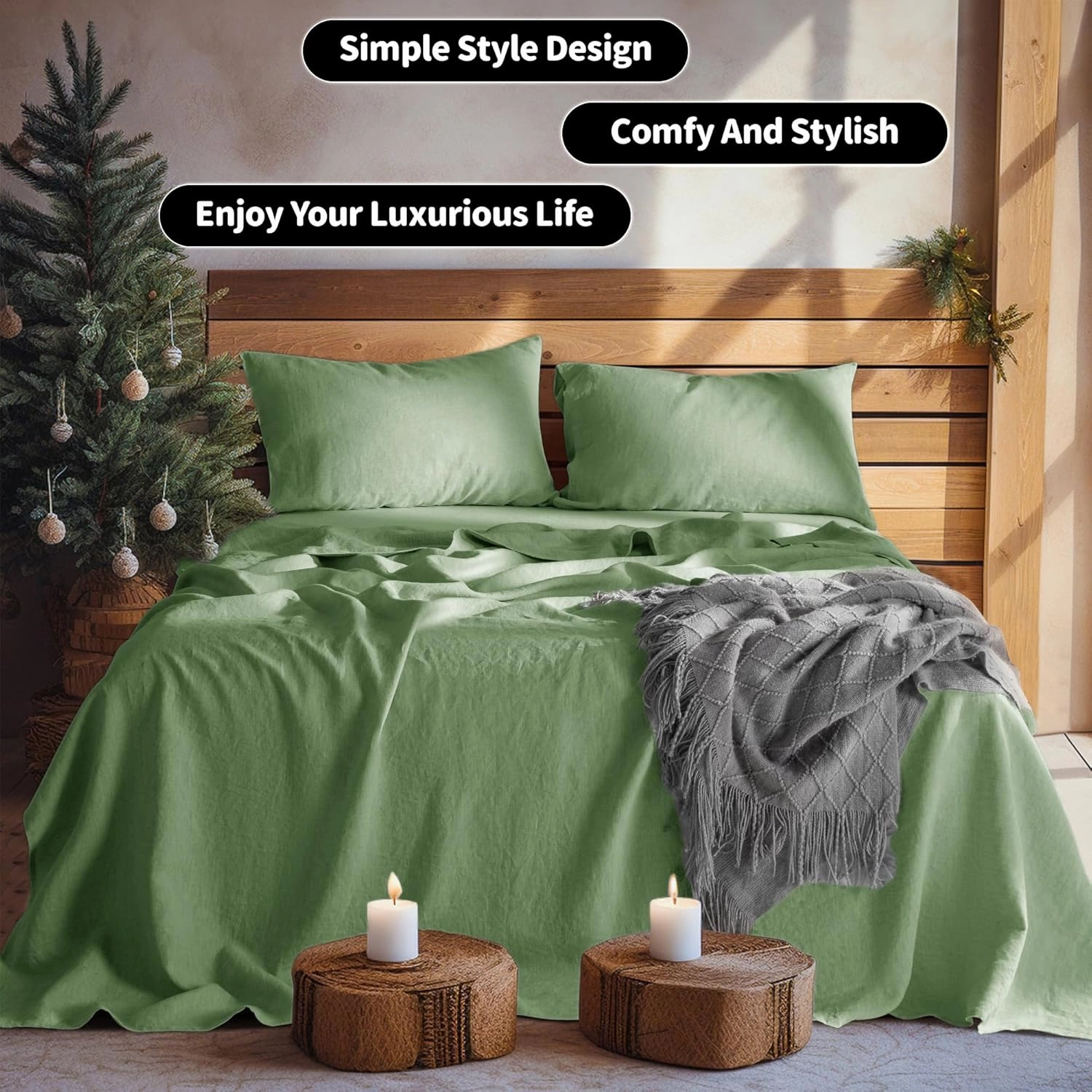 LBR02M 100% Linen Sheet Set Queen Size,Bed Sheets 4 Piece Sets,Solid Color Natural Flax Bed Sheets Soft Breathable Bedding,16" Deep Pocket,All Season (Queen, Green)