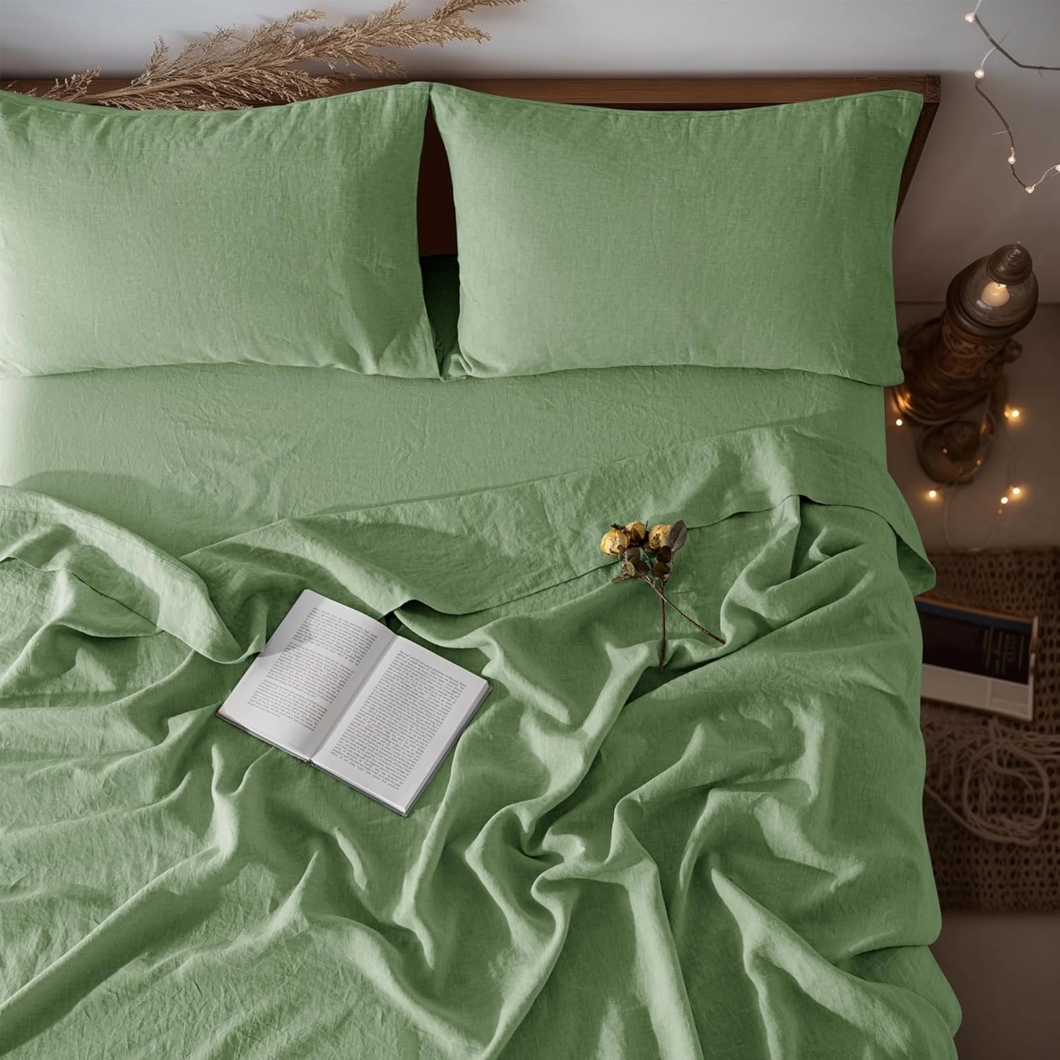 LBR02M 100% Linen Sheet Set Queen Size,Bed Sheets 4 Piece Sets,Solid Color Natural Flax Bed Sheets Soft Breathable Bedding,16" Deep Pocket,All Season (Queen, Green)