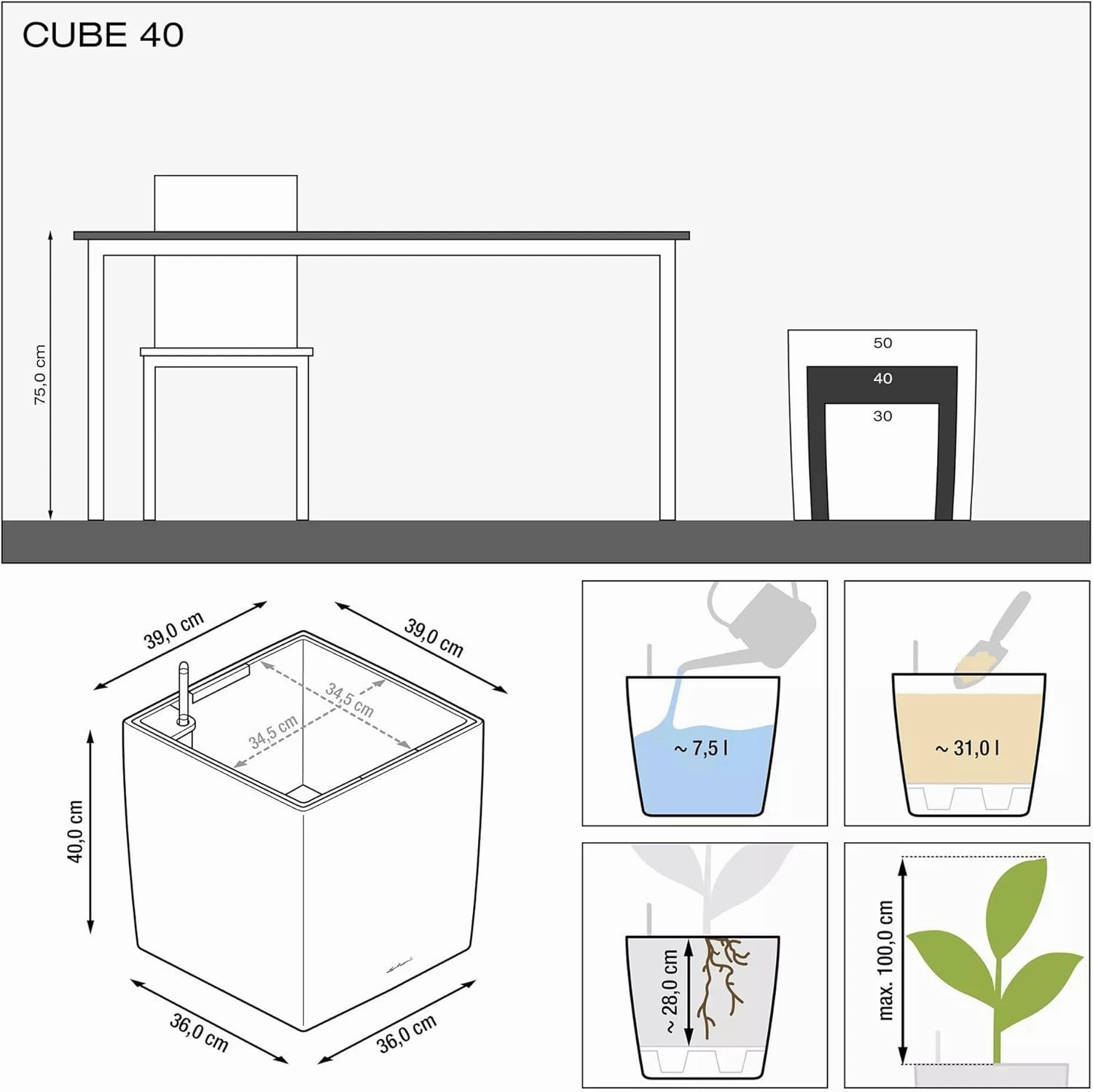 Lechuza 16363 40 cm Cube Premium - Charcoal Grey Metallic