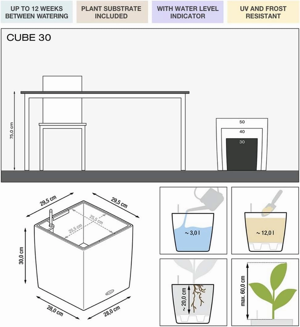 Lechuza Cube 30 Medium Flower Indoor/Outdoor Garden Floor Self-Watering Planter with Drainage Hole with Plant Substrate Contemporary Poly-Resin H30 L30 W30 cm Black 3.5 Kg