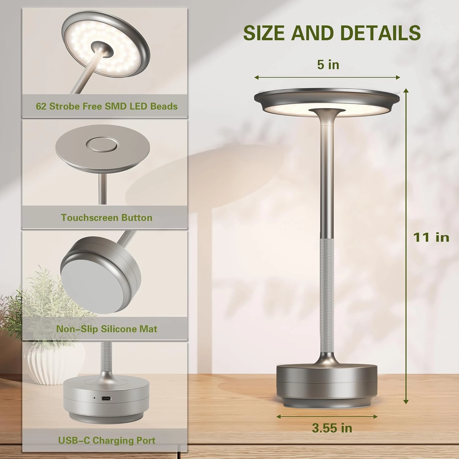 LED Cordless Table Lights Set of 2, Built-in 5000mAh Battery Rechargeable Outdoor Waterproof Portable Touch Battery Table Lamps with Memory Function,for Patio/Campsite/Work（Silver ）