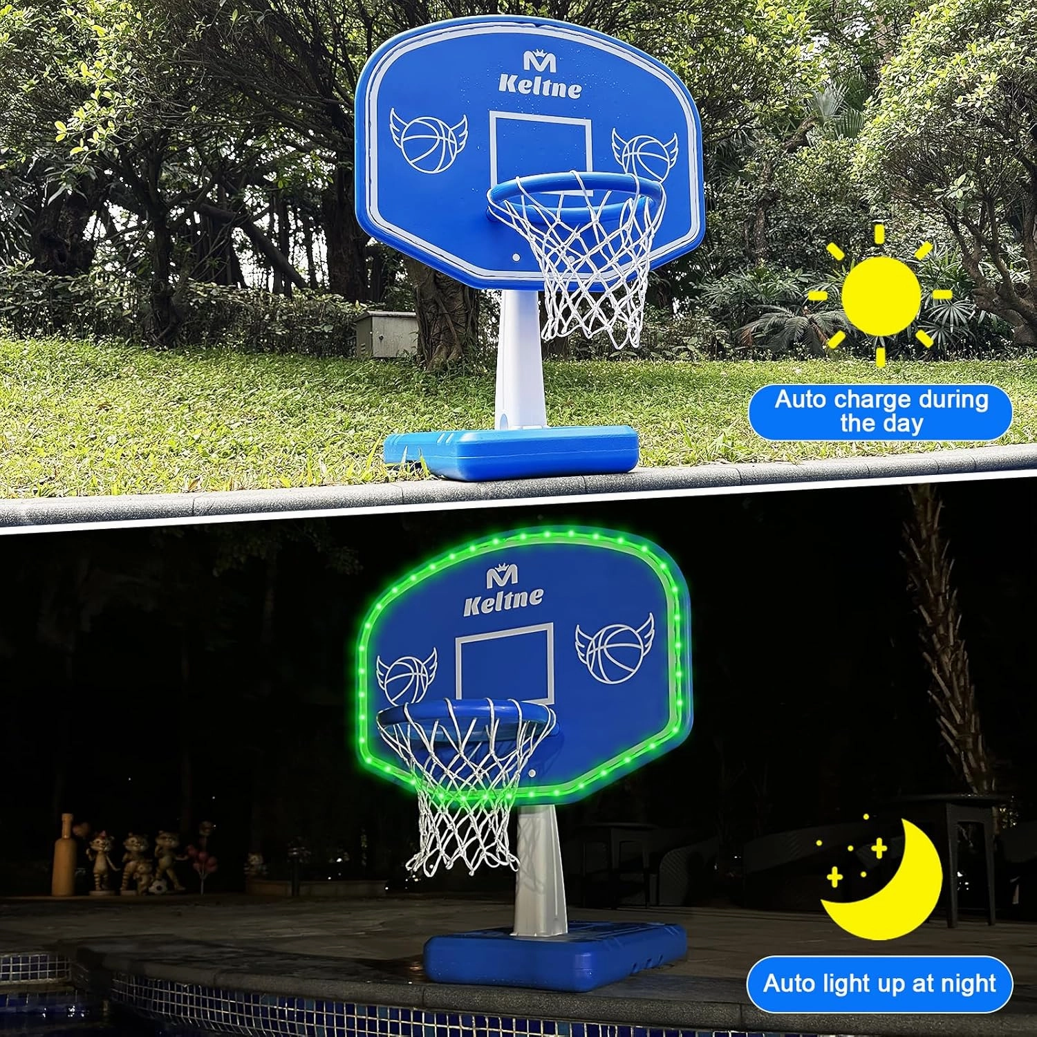 LED Pool Basketball Hoop Poolside, Large Solar Powered Basketball Hoop for Pool, Swimming Pool Basketball Game Toys with Lengthen Sturdy Base for Kids Adults, Includes 2 Balls and Pump