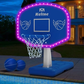 LED Pool Basketball Hoop Poolside, Large Solar Powered Basketball Hoop for Pool, Swimming Pool Basketball Game Toys with Lengthen Sturdy Base for Kids Adults, Includes 2 Balls and Pump