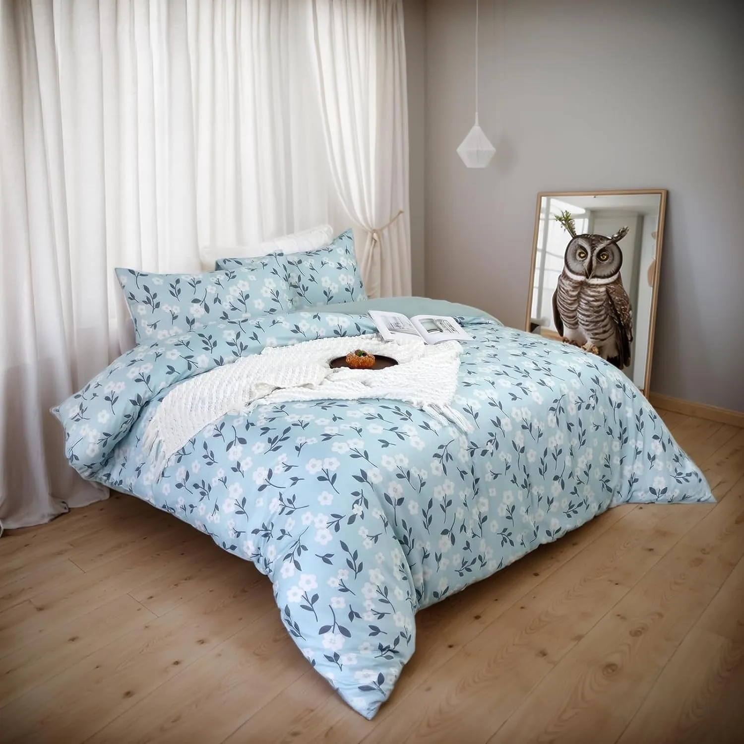 Lemfux Duvet Cover Set, 3-Piece Bedding Set Full Size Light Blue Floral Print, 1 Duvet Cover 80"x90", 2 Pillowcases 20"x26", Soft & Breathable with Zipper Closure & Corner Ties, Flower Garden Style