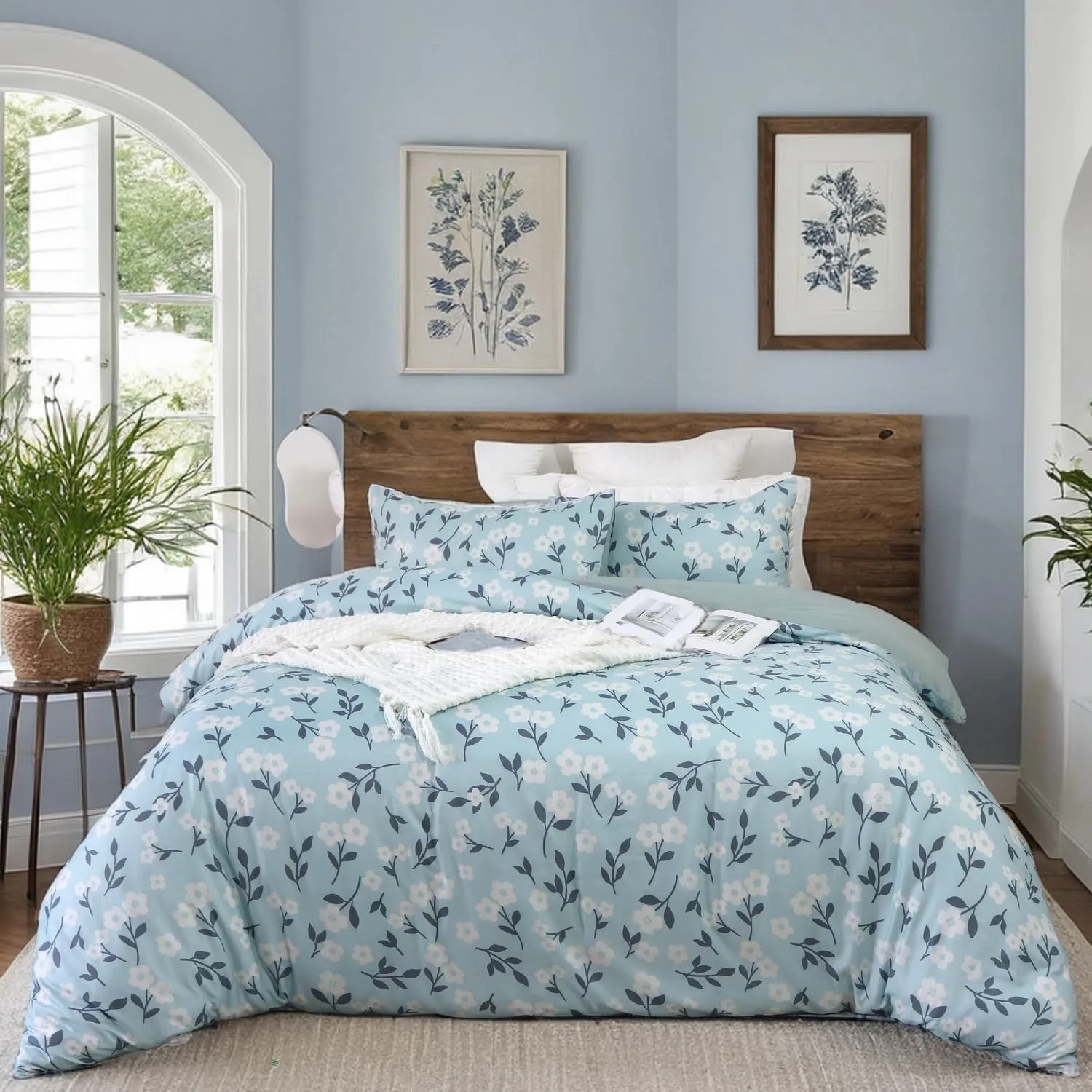 Lemfux Duvet Cover Set, 3-Piece Bedding Set Full Size Light Blue Floral Print, 1 Duvet Cover 80"x90", 2 Pillowcases 20"x26", Soft & Breathable with Zipper Closure & Corner Ties, Flower Garden Style
