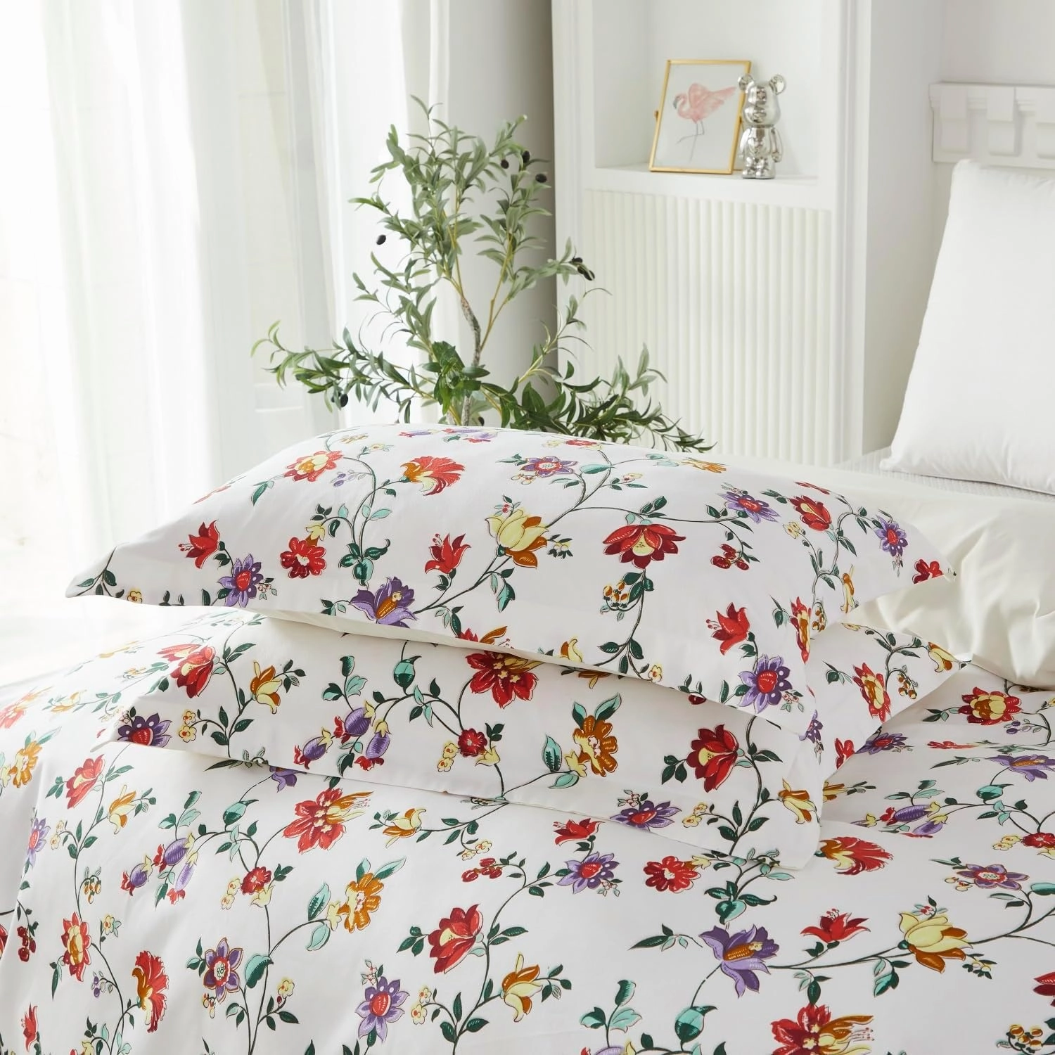 Lemfux Comforter Cover King Size 3 Pieces White Floral Duvet Cover, 1 Duvet Cover King 104"x90", 2 Pillowcases 20"x36", King Duvet Cover Sets,Soft & Breathable with Zipper Closure & Corner Ties