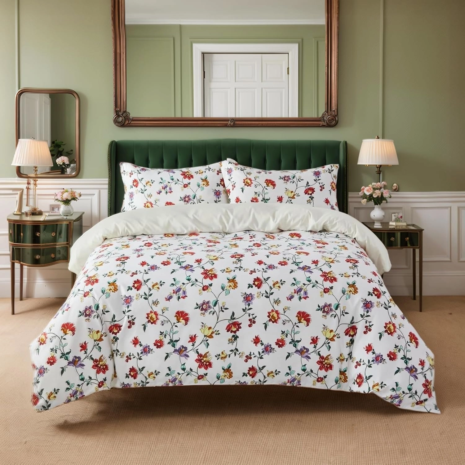 Lemfux Comforter Cover King Size 3 Pieces White Floral Duvet Cover, 1 Duvet Cover King 104"x90", 2 Pillowcases 20"x36", King Duvet Cover Sets,Soft & Breathable with Zipper Closure & Corner Ties
