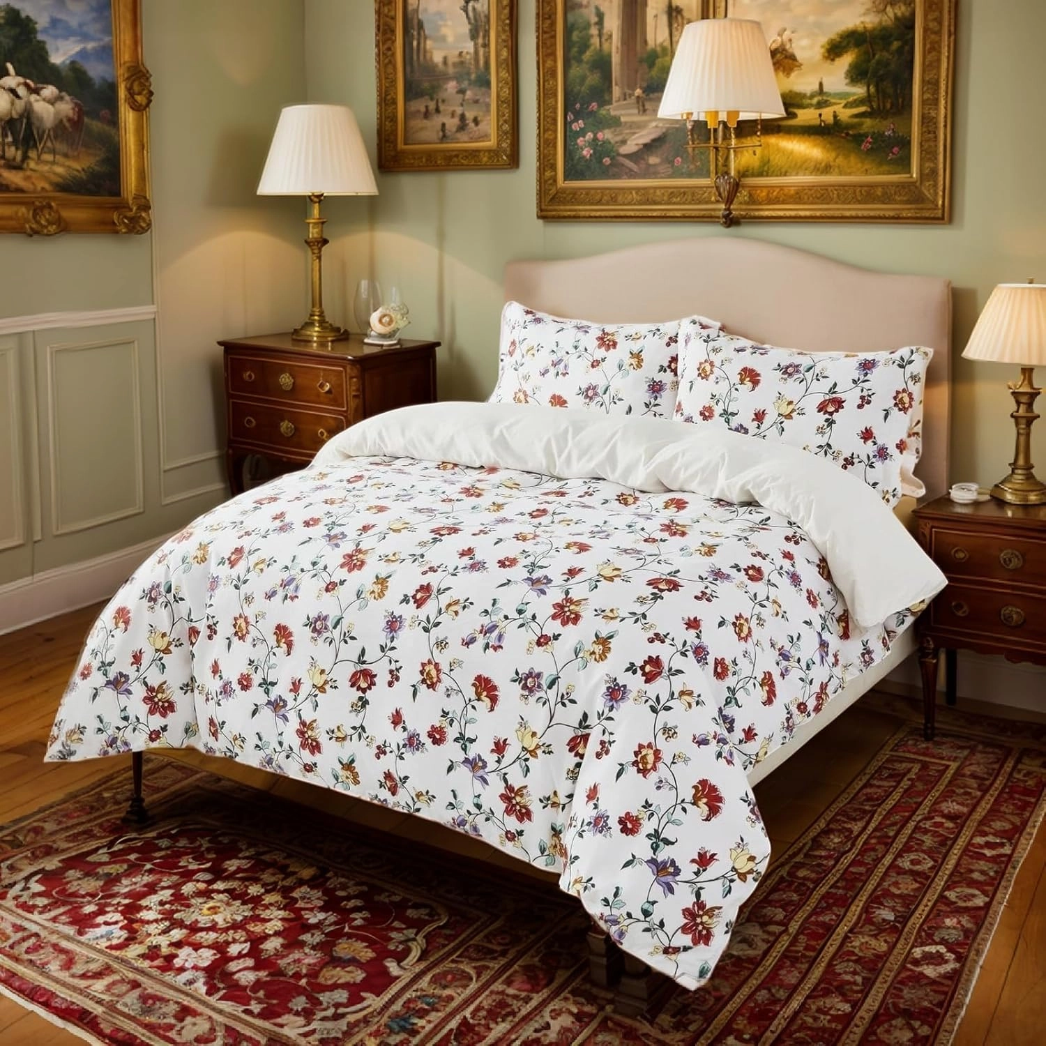 Lemfux Comforter Cover King Size 3 Pieces White Floral Duvet Cover, 1 Duvet Cover King 104"x90", 2 Pillowcases 20"x36", King Duvet Cover Sets,Soft & Breathable with Zipper Closure & Corner Ties