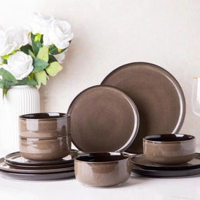 LeRATIO Ceramic Dinnerware Set of 4, Poreclain Plates, Bowls, Handmade Reactive Glaze Dishes, Chip Resistant, Oven & Dishwasher Safe, Service for 4-Chestnut