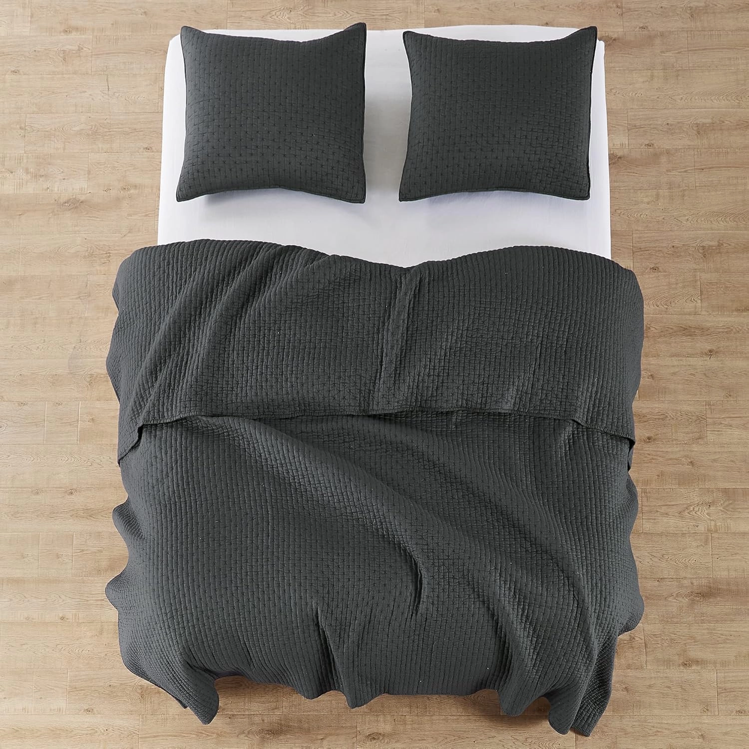 Levtex Home - Cross Stitch Charcoal Quilt Set - King/Cal King Quilt (106x92in.)   2 King Shams (36x20in.) - Reversible - Cotton Fabric