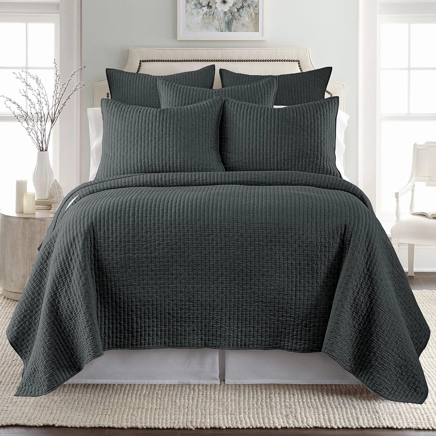 Levtex Home - Cross Stitch Charcoal Quilt Set - King/Cal King Quilt (106x92in.)   2 King Shams (36x20in.) - Reversible - Cotton Fabric