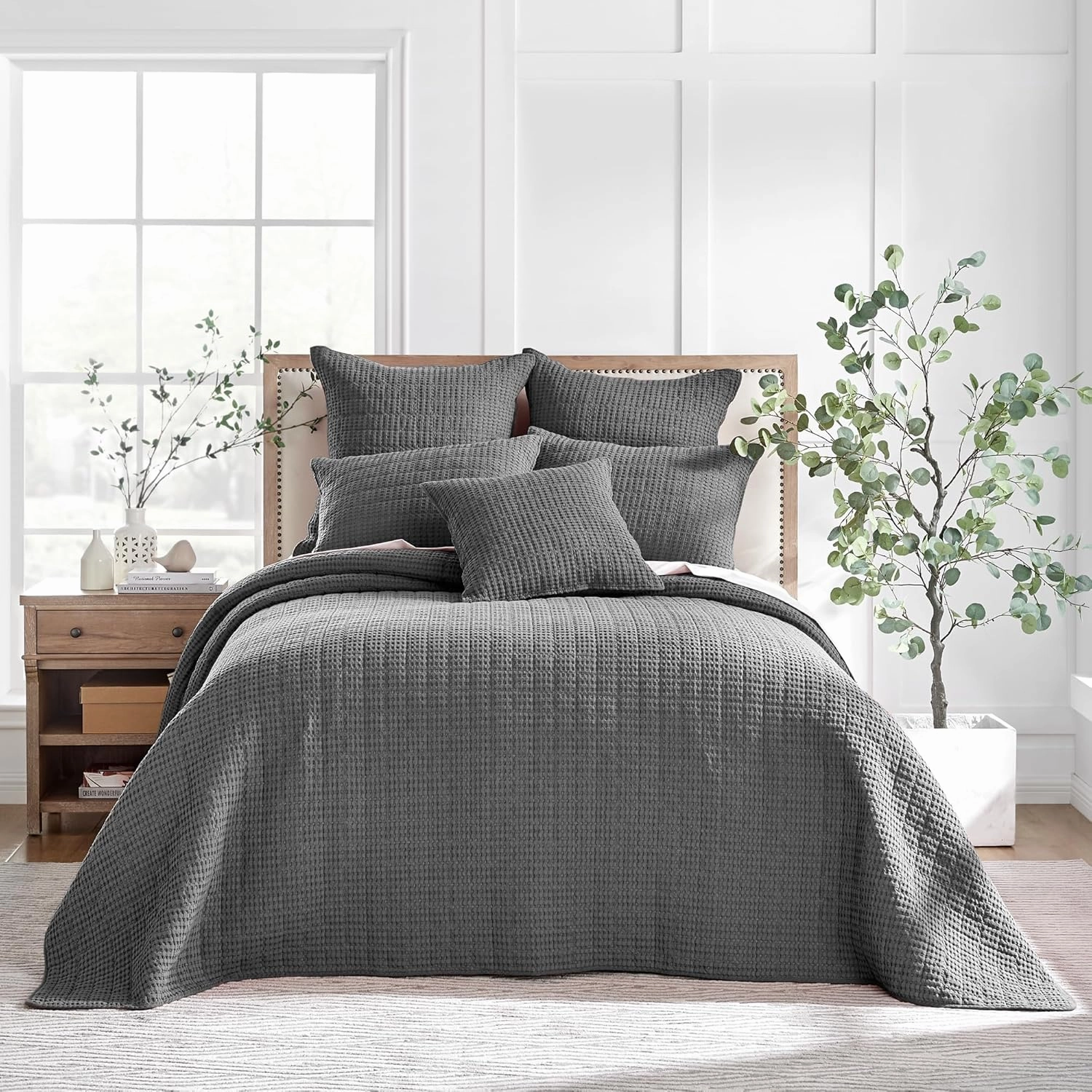 Levtex Home - Mills Waffle - Queen Quilted Bedspread Set - Charcoal Cotton Waffle - Bedspread Size (104 x 106in.), Sham Size (26 x 20in.)