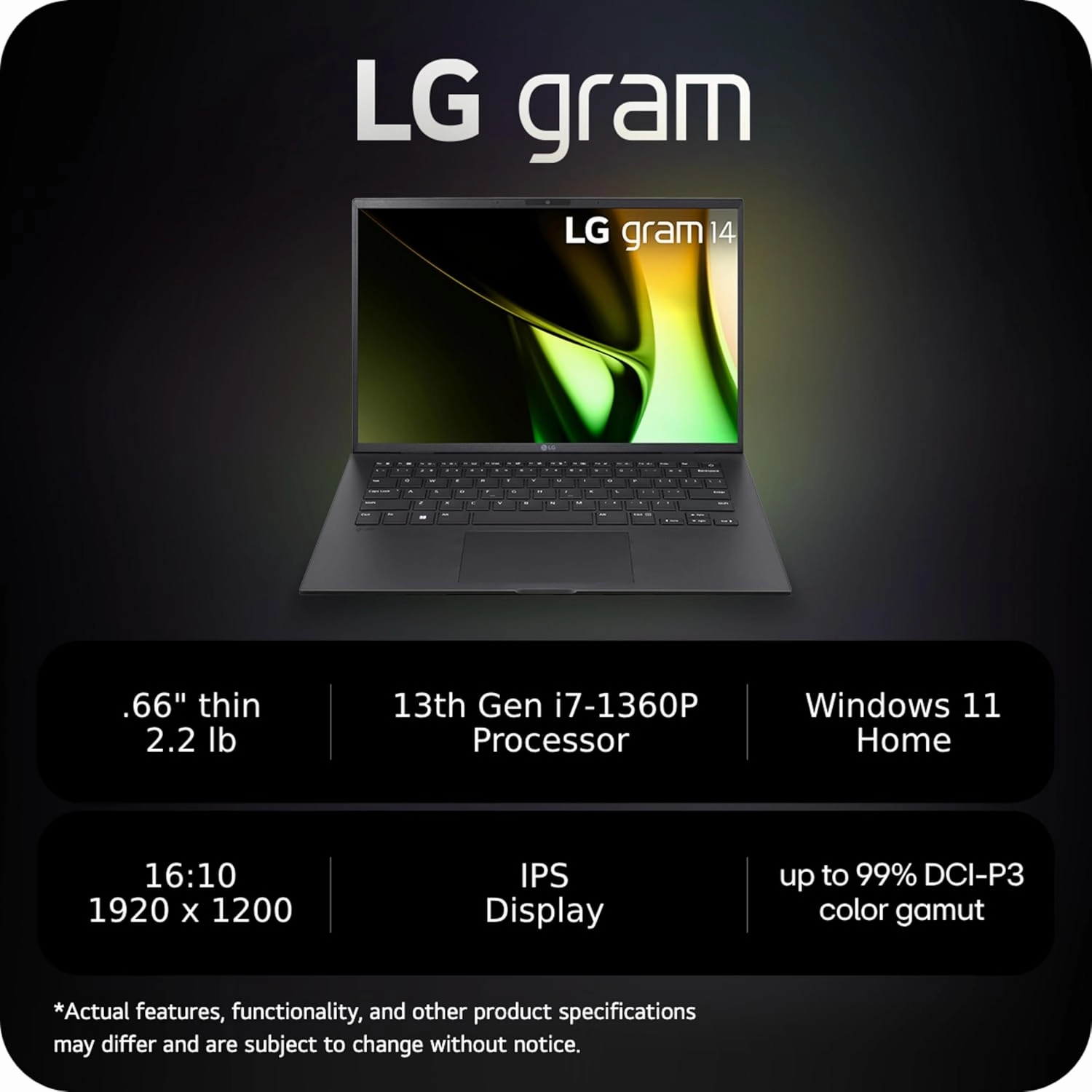 LG gram 14-inch Lightweight Laptop, Intel Evo Edition - 13th Gen Intel Core﻿ Processor i7-1360P, 16GB RAM, 512GB SSD, Black