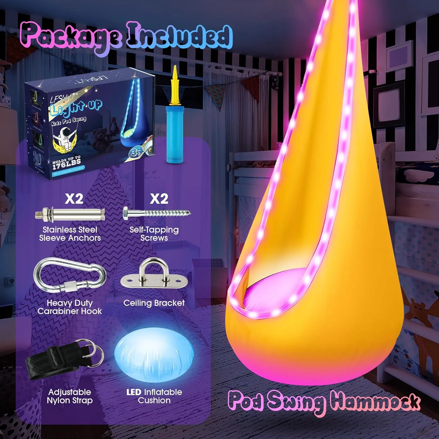 Light Up Kids Pod Swing Seat, Kids Hanging Hammock Swing with LED Lights, Sensory Pod Swing Chair with Inflatable Pillow & All Accessories, Pod Swing for Kids Indoor & Outdoor (Yellow)