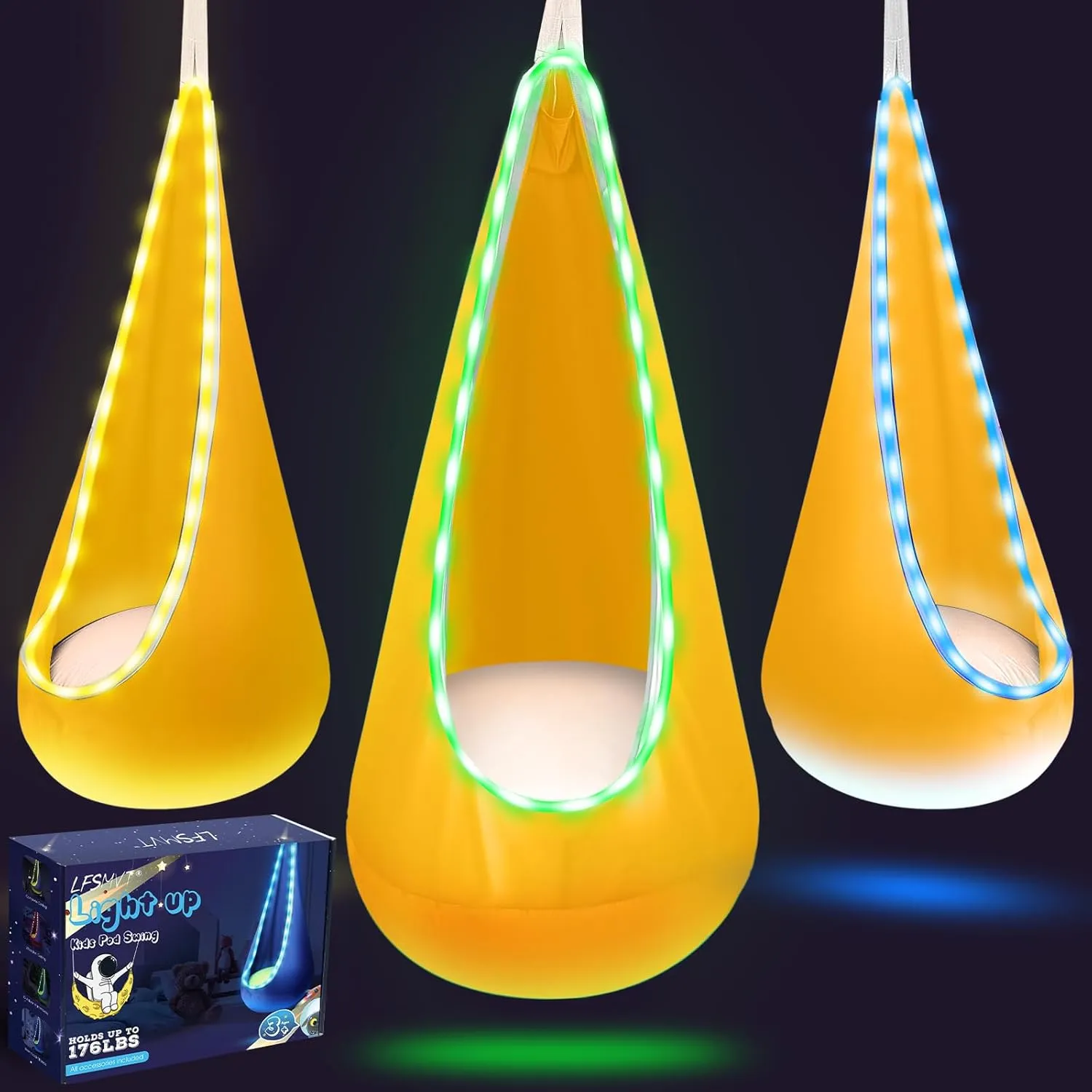 Light Up Kids Pod Swing Seat, Kids Hanging Hammock Swing with LED Lights, Sensory Pod Swing Chair with Inflatable Pillow & All Accessories, Pod Swing for Kids Indoor & Outdoor (Yellow)