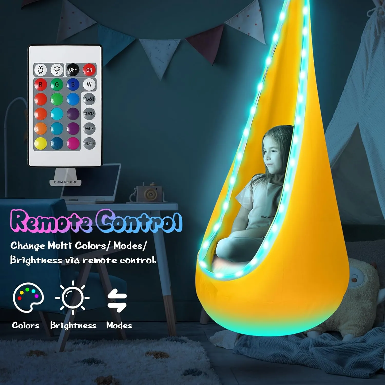 Light Up Kids Pod Swing Seat, Kids Hanging Hammock Swing with LED Lights, Sensory Pod Swing Chair with Inflatable Pillow & All Accessories, Pod Swing for Kids Indoor & Outdoor (Yellow)