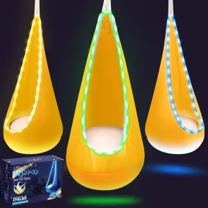 Light Up Kids Pod Swing Seat, Kids Hanging Hammock Swing with LED Lights, Sensory Pod Swing Chair with Inflatable Pillow & All Accessories, Pod Swing for Kids Indoor & Outdoor (Yellow)