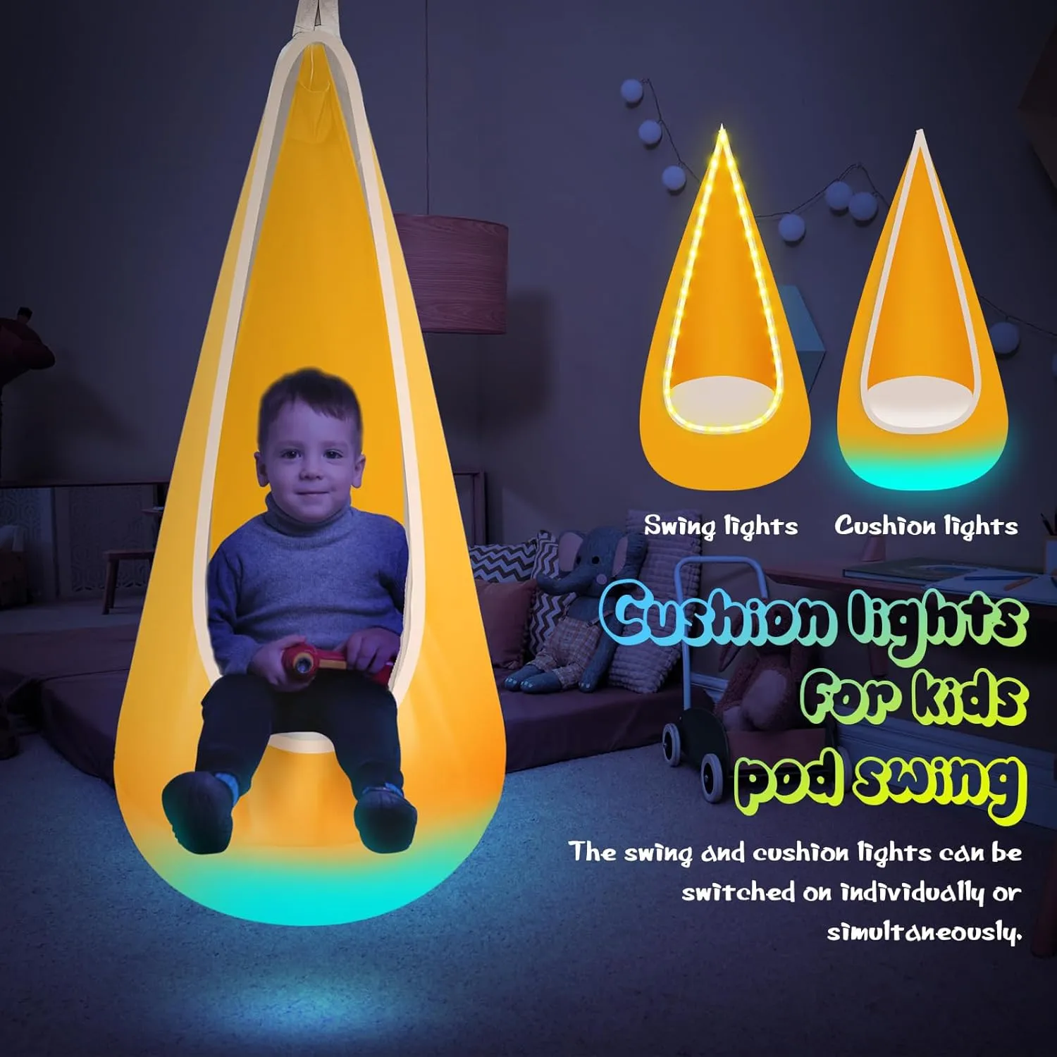 Light Up Kids Pod Swing Seat, Kids Hanging Hammock Swing with LED Lights, Sensory Pod Swing Chair with Inflatable Pillow & All Accessories, Pod Swing for Kids Indoor & Outdoor (Yellow)