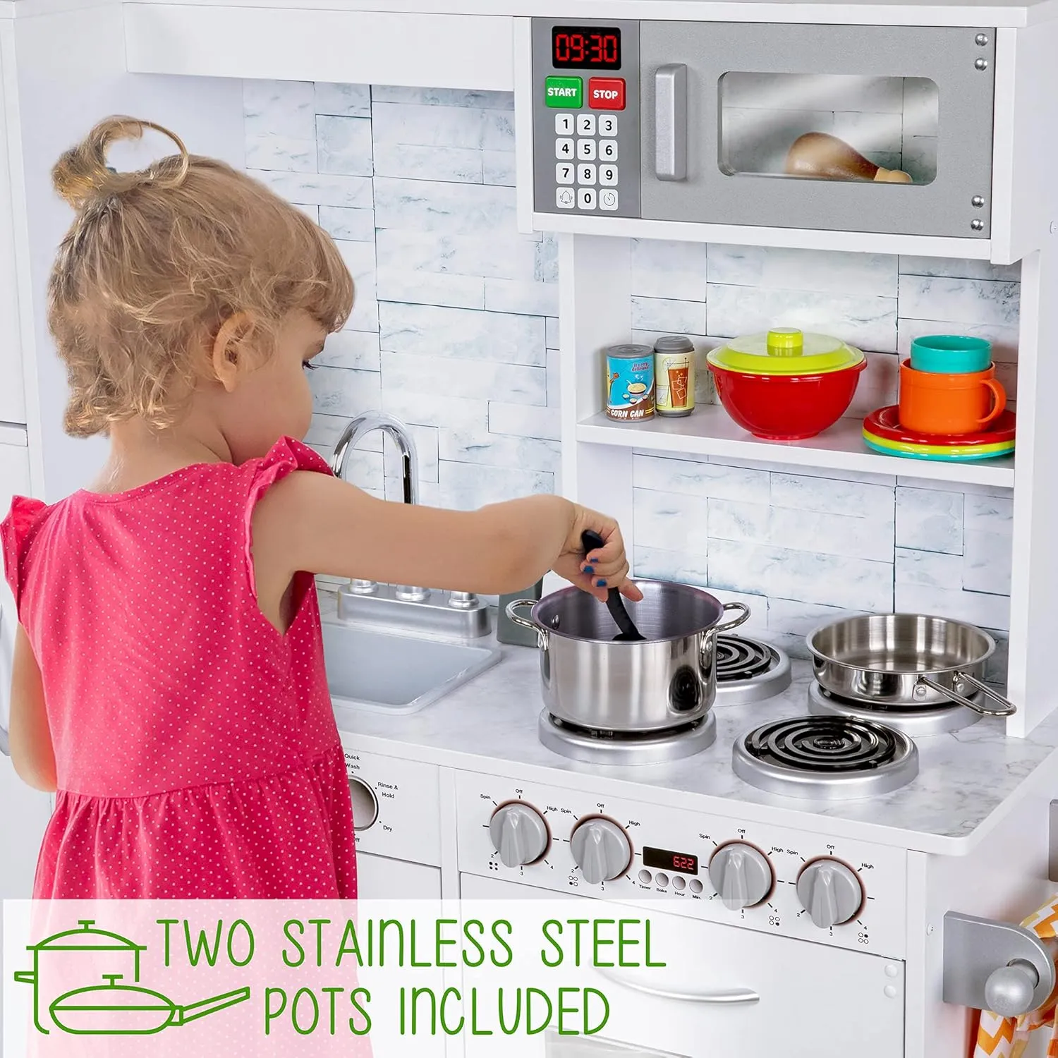 Lil' Jumbl Kids Kitchen Set, Pretend Wooden Play Kitchen, Battery Operated Icemaker & Microwave with Realistic Sound, Pots & Pan Included - White