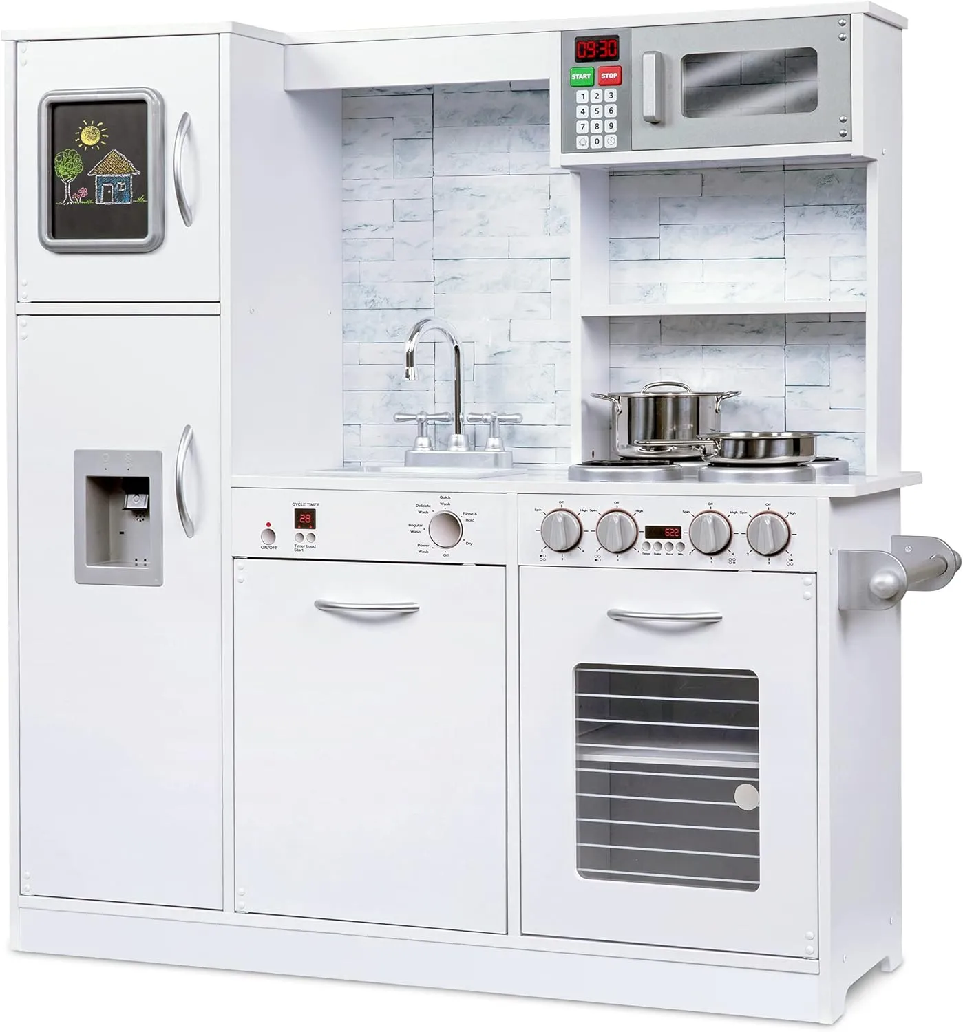 Lil' Jumbl Kids Kitchen Set, Pretend Wooden Play Kitchen, Battery Operated Icemaker & Microwave with Realistic Sound, Pots & Pan Included - White